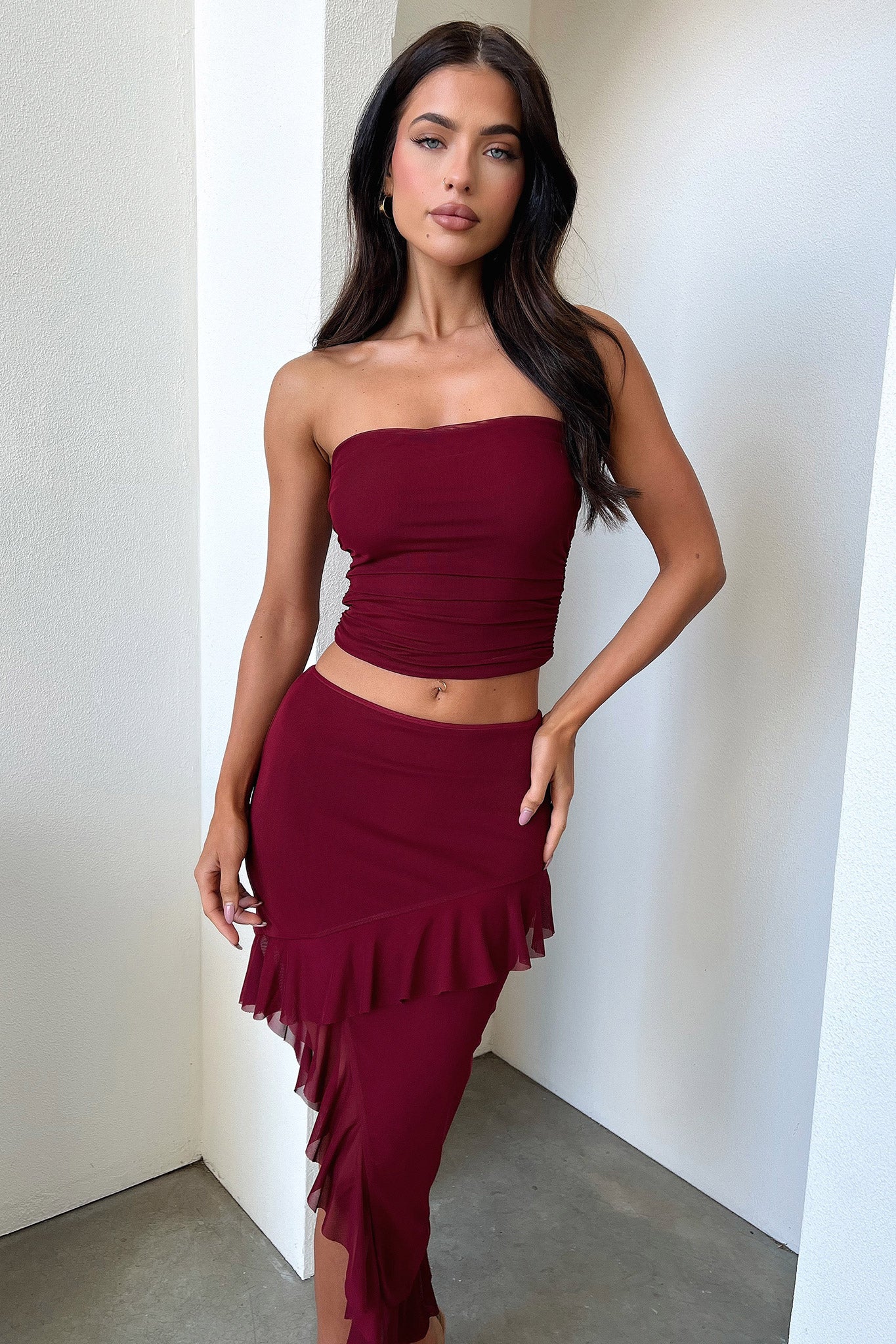 Stylish Cardona Skirt in Deep Red - Elegant A-Line Midi Skirt for Women | Perfect for Office, Date Night & Special Occasions