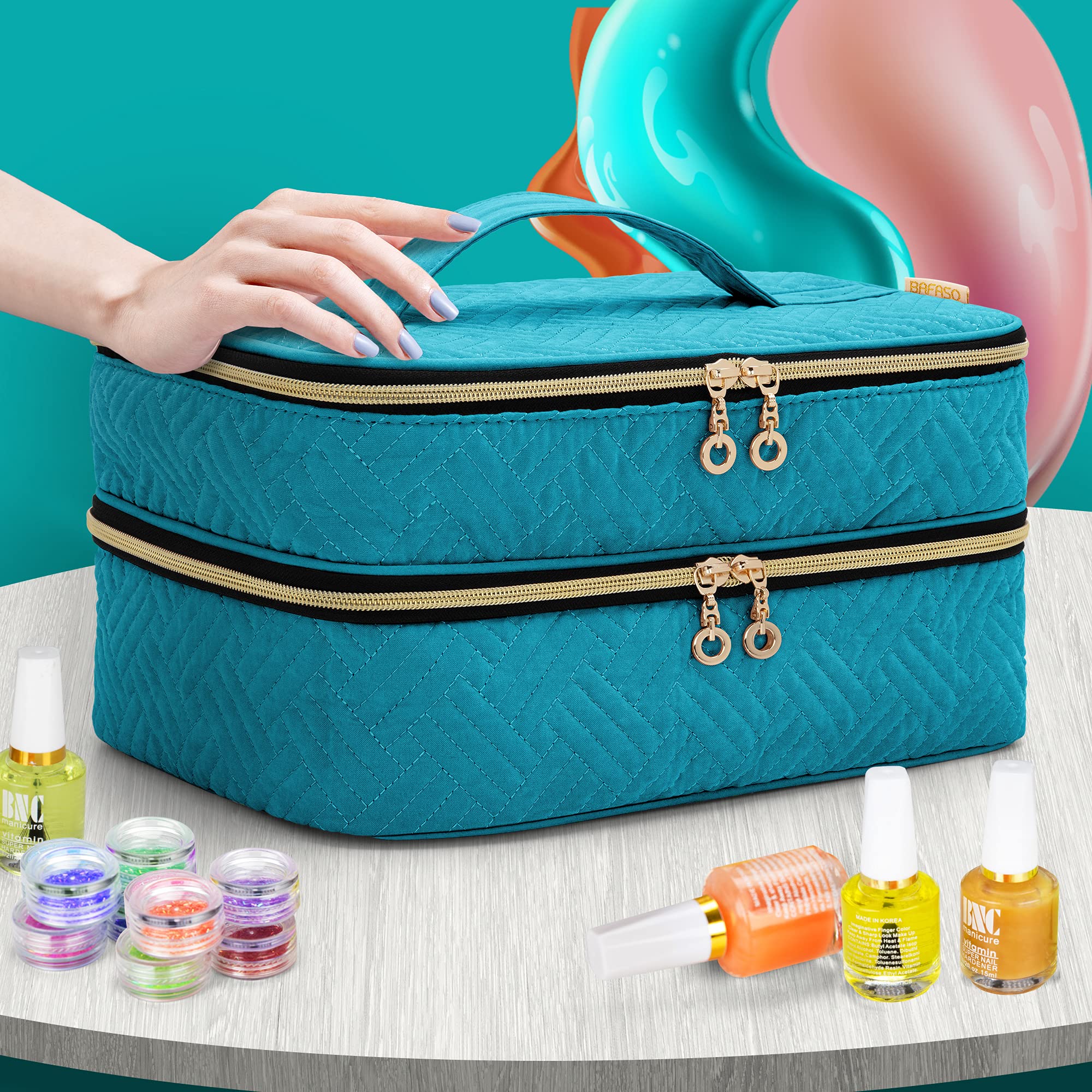 BAFASO Nail Polish Organizer Holds 40 Bottles (15ml/0.5oz) - Portable Manicure Case with Storage for Polish & Tools - Patented Teal Design - Perfect for Salon, Home & Travel Use