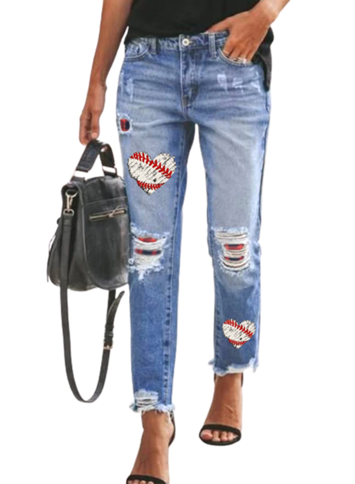EVALESS Women's Ripped Boyfriend Jeans - Distressed Skinny Denim Pants with Plaid Patch Design | Casual Streetwear & Everyday Fashion Outfits