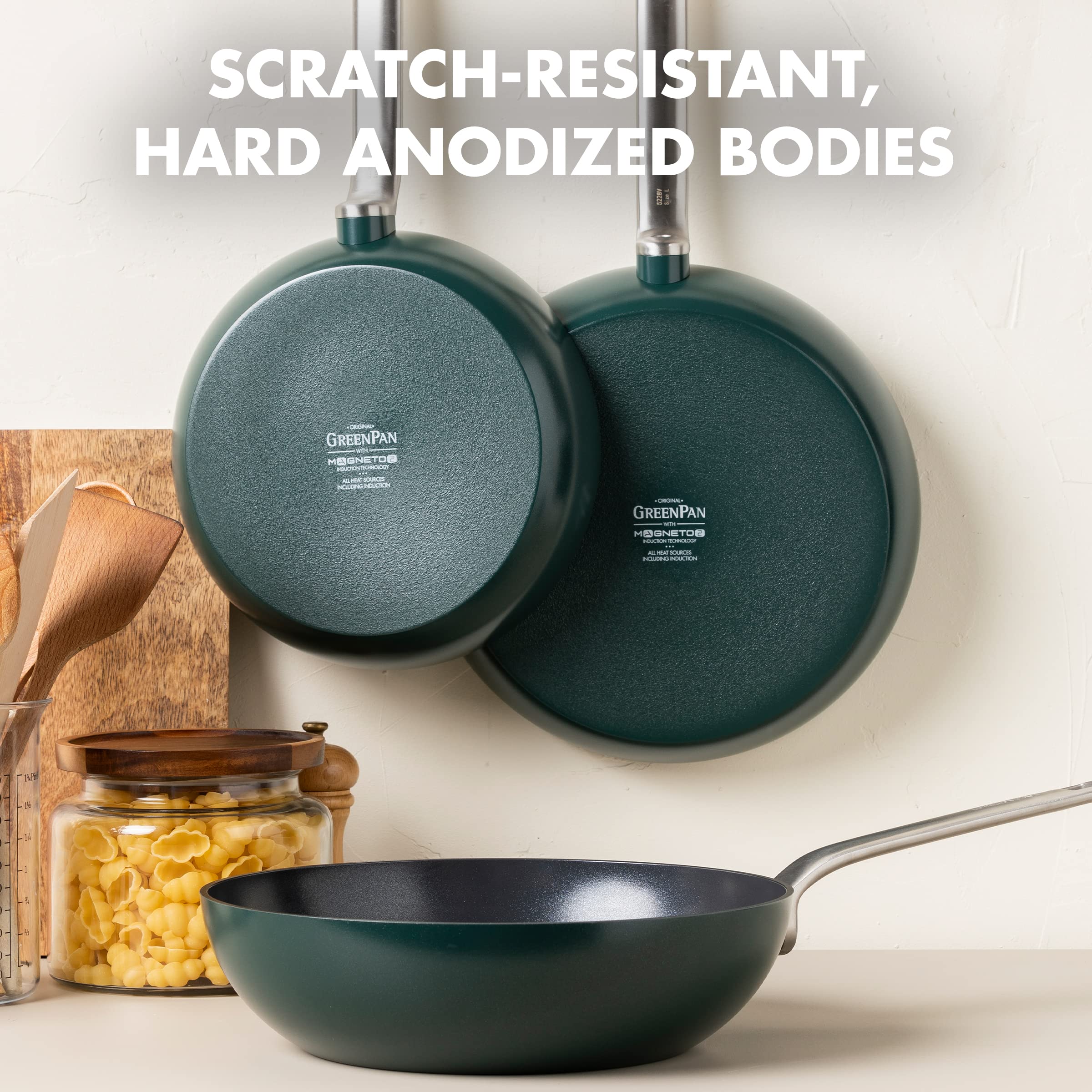 **GreenPan Evolution 3-Piece Nonstick Ceramic Cookware Set - Hard Anodized, PFAS-Free, Induction Compatible, Dishwasher & Oven Safe, Pine Green - Perfect for Frying, Sautéing & Stir-Frying**