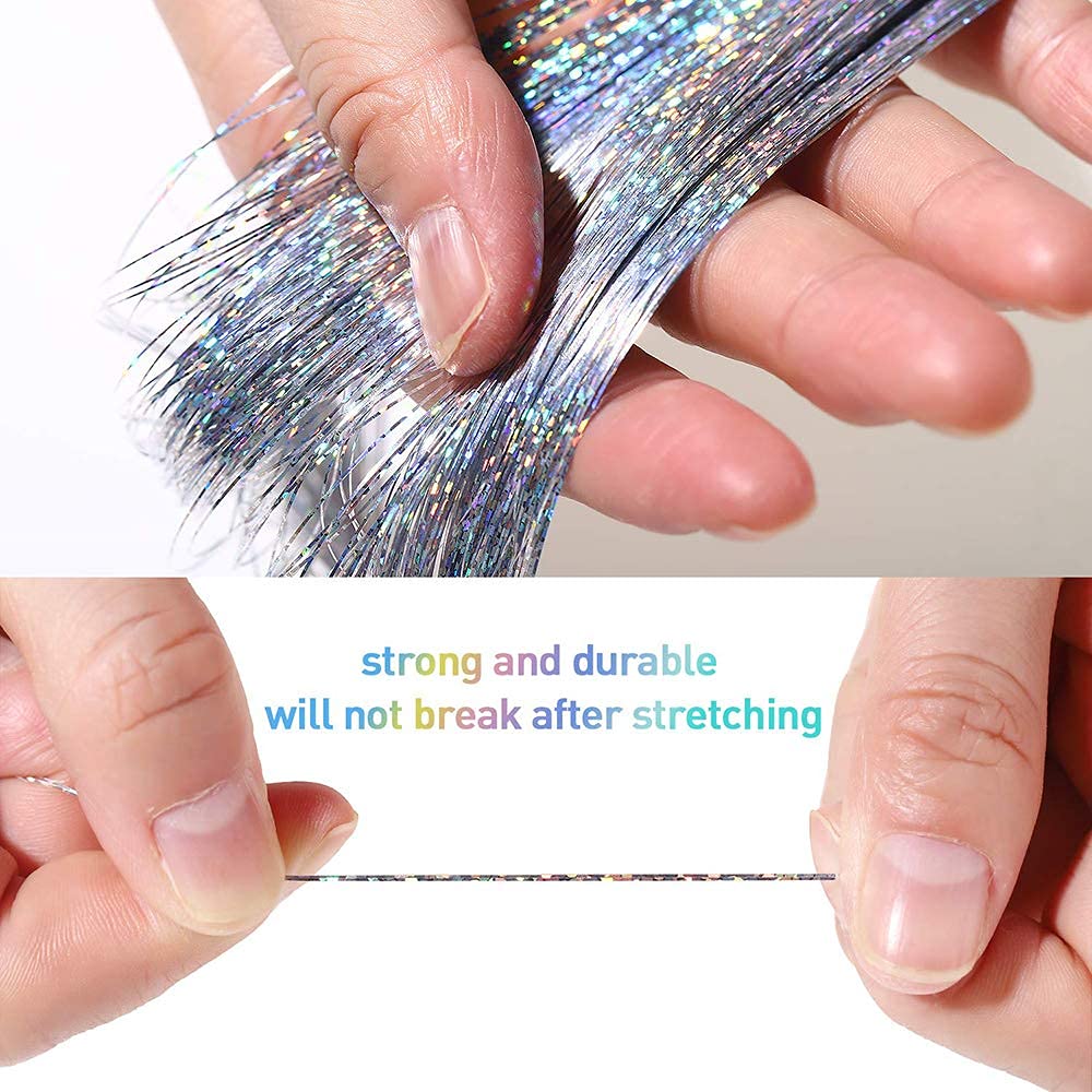 Hair Tinsel Extensions 250 Strands - Silver Glitter Hair Accessories for Women & Girls - Party & Festival Styling