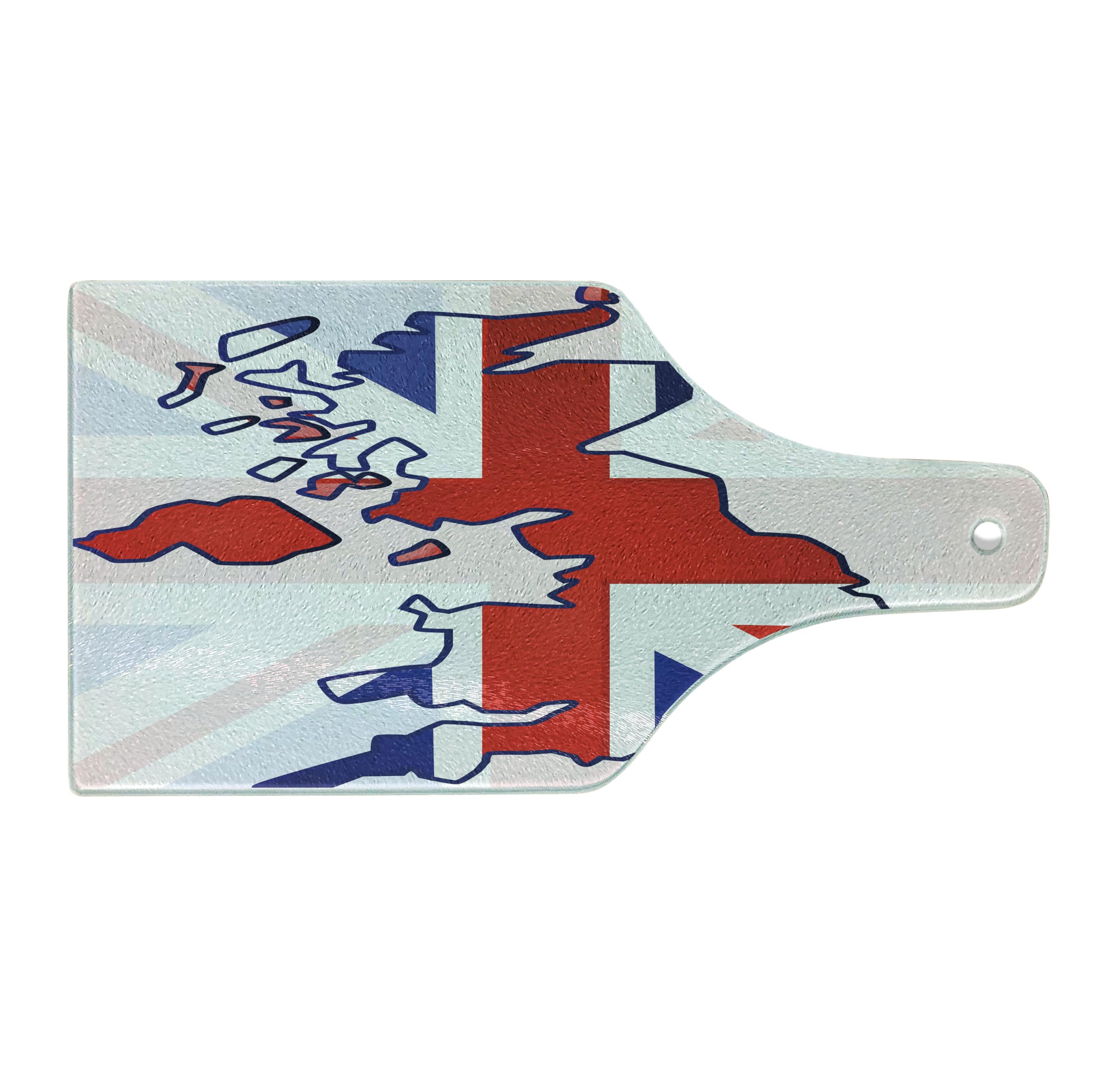 Ambesonne Union Jack Cutting Board - Faded UK Flag & Country Map Design - Tempered Glass Serving Board for Kitchen & Dining - Wine Bottle Shape in Violet, Blue, Red & White - Perfect for Entertaining, Charcuterie & Cheese Platters