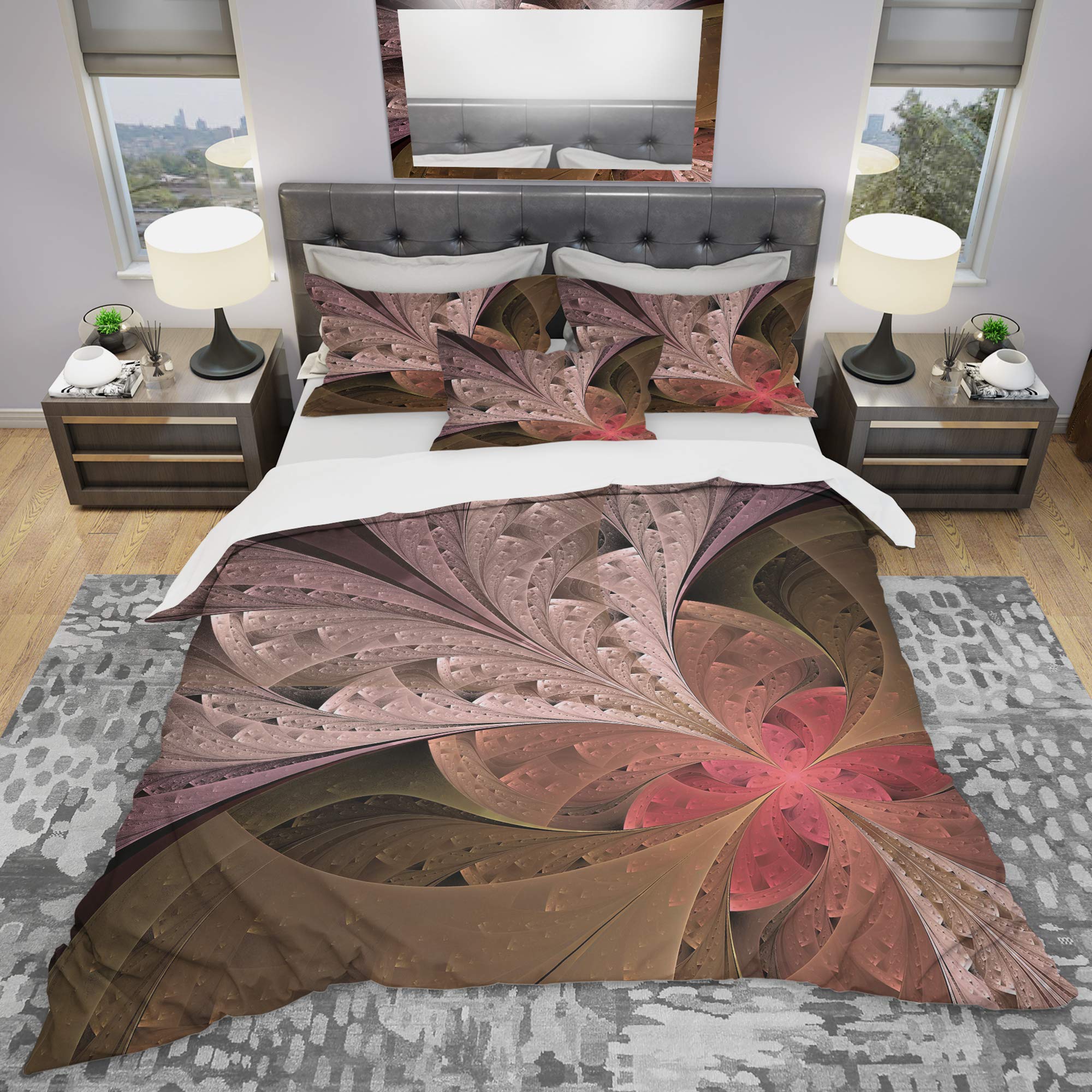 DesignQ Beige Fractal Flower Duvet Cover Set - Twin Size Brown Coastal Bedding, 3-Piece Floral Comforter Set for All Seasons | Perfect for Beach House, Guest Room & Nautical Themed Bedrooms