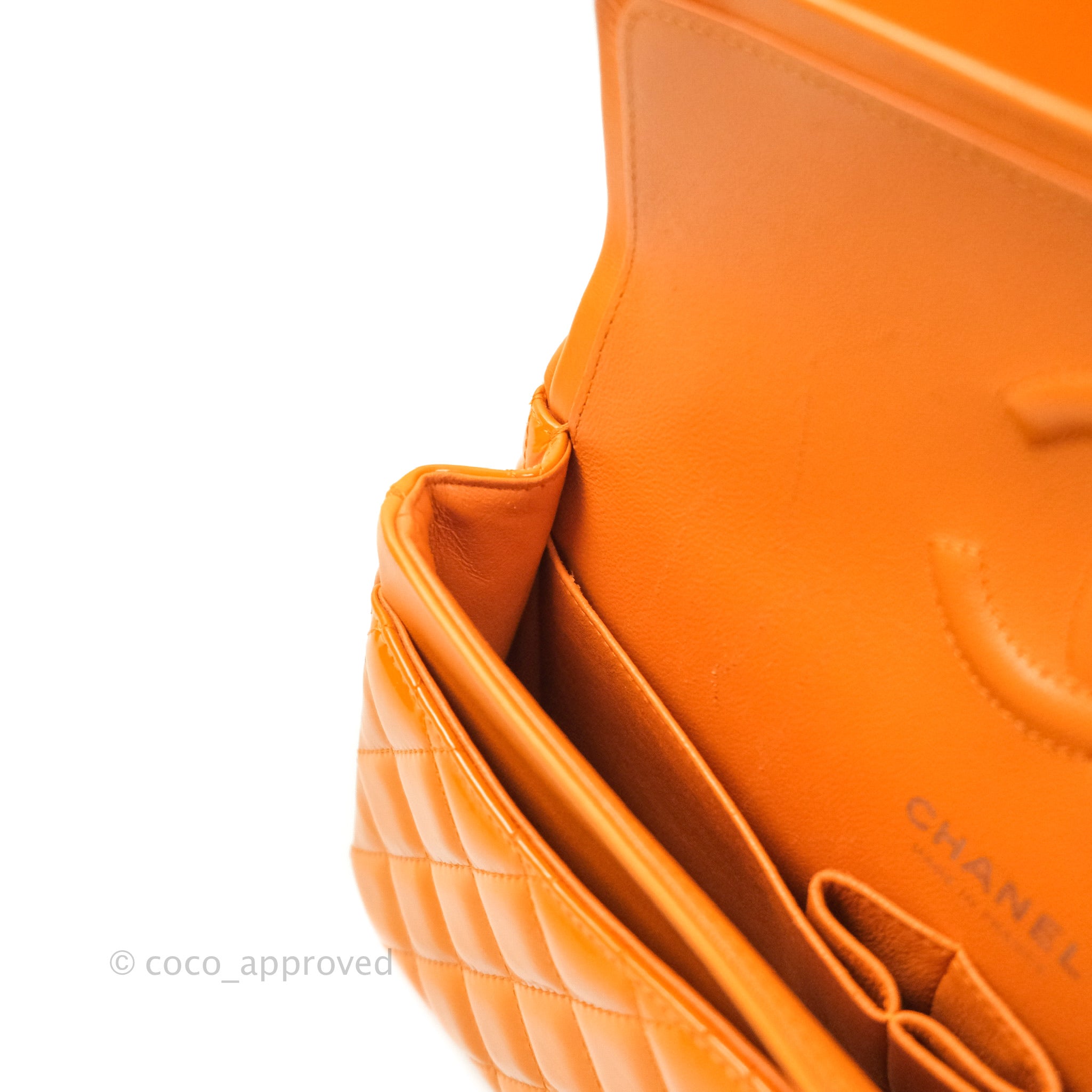 Chanel Classic M/L Medium Double Flap Bag in Orange Patent Leather with Silver Hardware - Perfect for Evening Events & Luxury Fashion Accessories