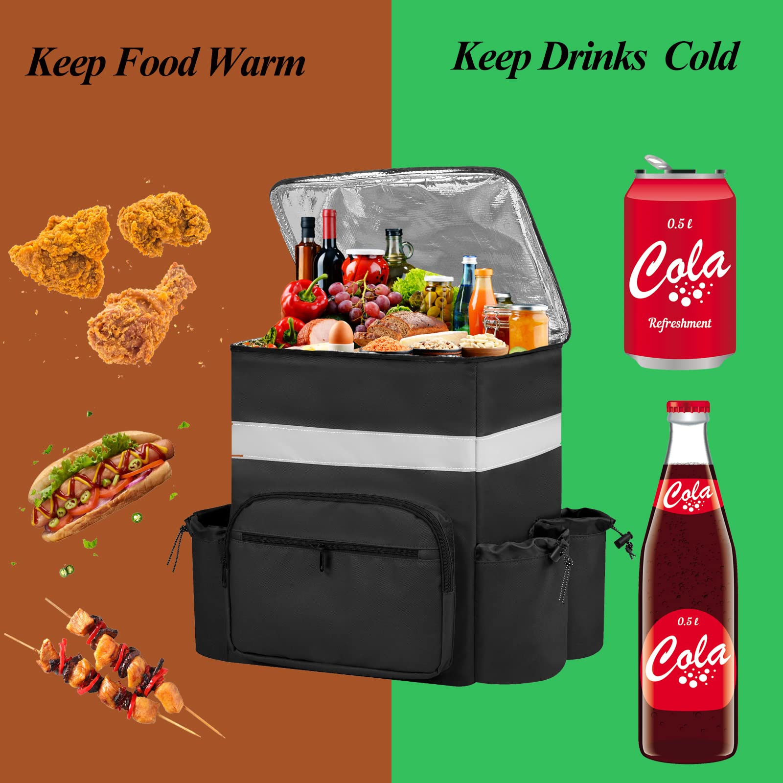 Insulated Pizza Delivery Backpack with Cup Holders & Support Boards - Hot/Cold Food Carrier for Bike Delivery - Perfect for Uber Eats, DoorDash & Restaurant Takeout (Black)