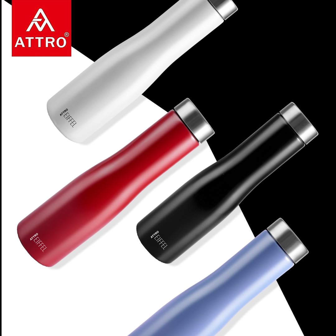ATTRO Eiffel 1000ml Stainless Steel Water Bottle - BPA-Free, Leak Proof, Single Wall Design for School, Office, Gym & Outdoor Activities - Set of 2 Red Insulated Bottles for Hot & Cold Drinks