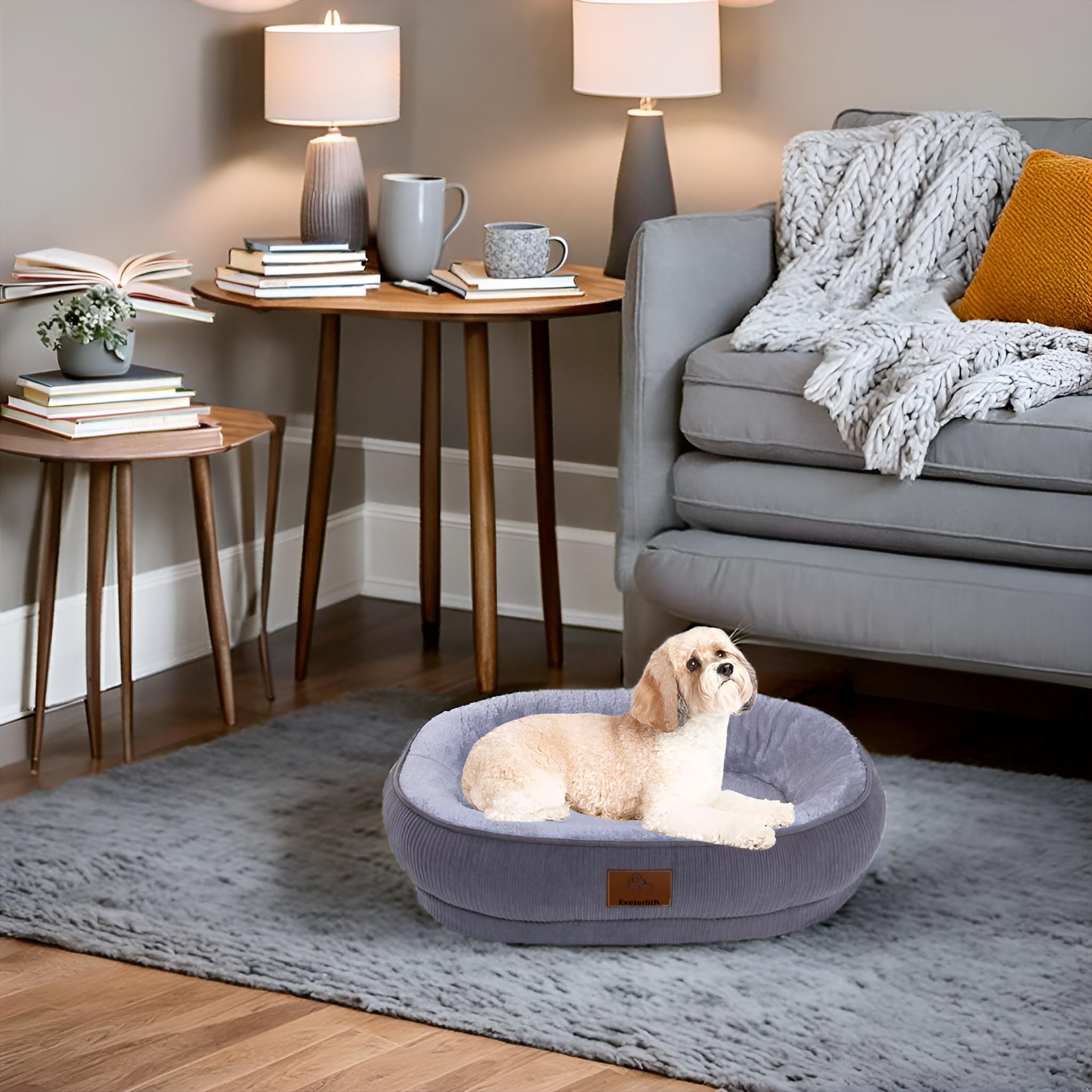 Round Calming Bolster Dog Bed with Removable Washable Cover - Medium & Small Dog Sofa Bed for Puppies (Grey, 25.6'' x 21.6'' x 6.3'') - Perfect for Crates, Living Rooms & Pet Anxiety Relief