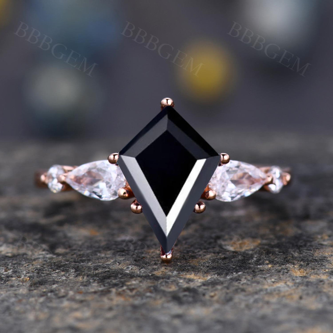 Elegant Lozenge Step Cut Black Onyx Statement Ring with Pear Moissanite Accent - Perfect for Evening Parties, Date Nights & Special Occasions