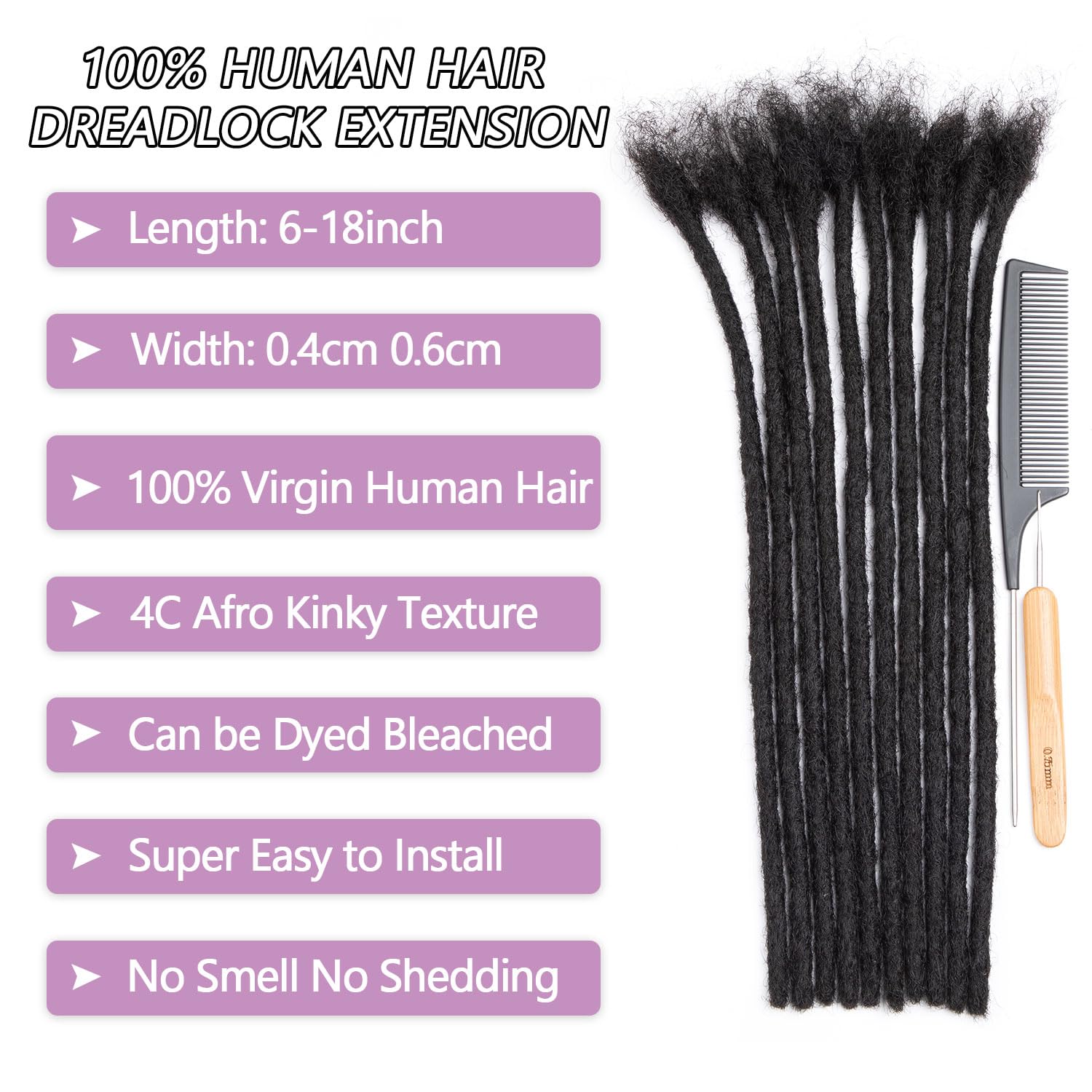 Originea 100% Human Hair Dreadlock Extensions for Men & Women - Handmade 0.8cm Thickness, Bleach & Dye Friendly Permanent Loc Extensions (14 Inch, 60 Strands, 1B Color) - Perfect for Protective Styles, Natural Hairstyles & Festival Looks