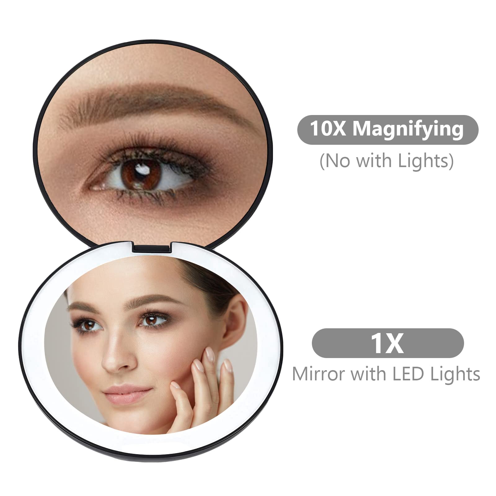 Kintion Rechargeable LED Compact Mirror with 1X/10X Magnification - Portable Folding Travel Makeup Mirror for Women, 2-Sided Handheld Round Purse Mirror with Light - Perfect for Home, Travel, and On-the-Go Touch Ups (Black)