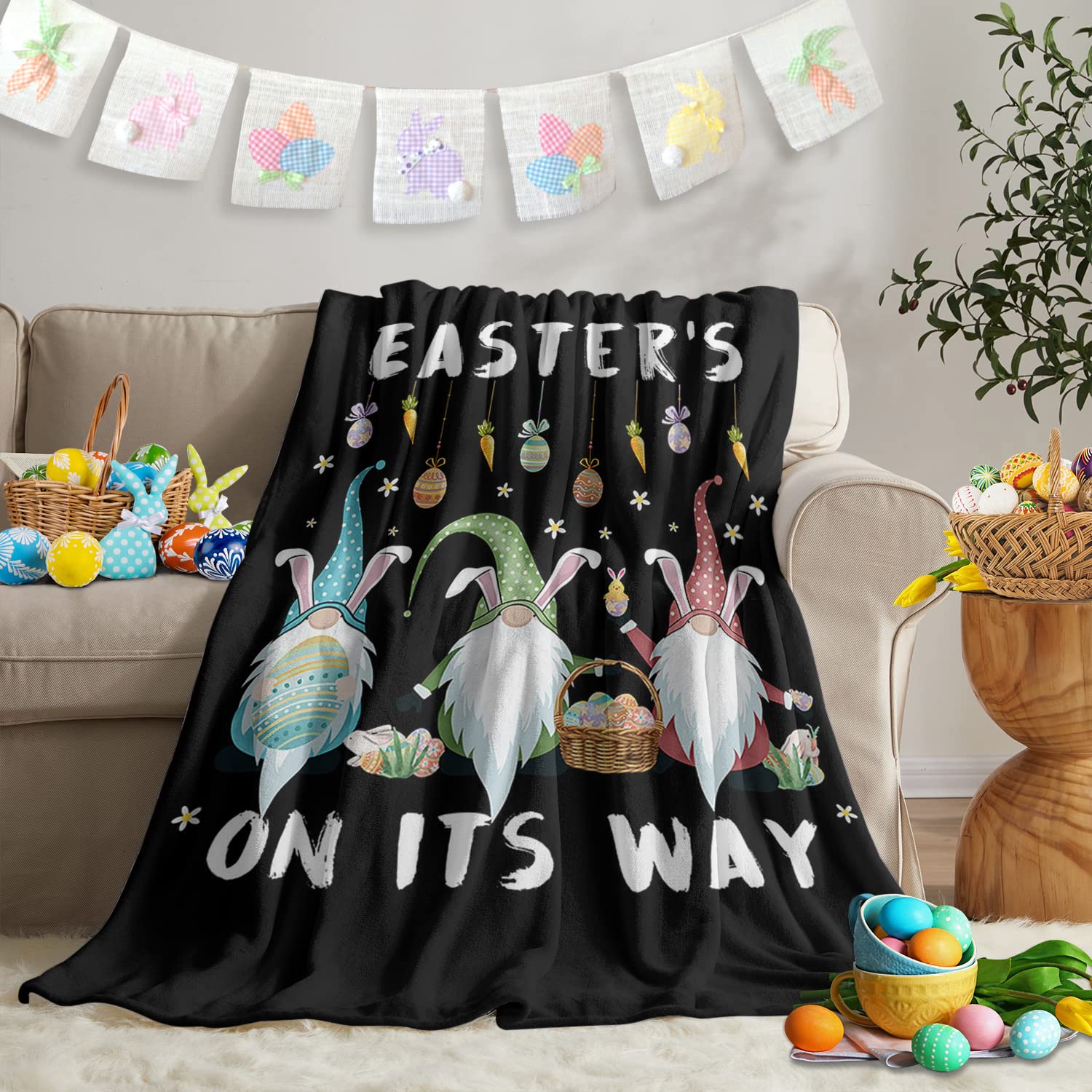 Happy Easter Gnomes & Eggs Carrot Throw Blanket - Soft Fuzzy Microfiber Luxury Bed Cover for Couch, Sofa, Chair - Perfect for Travel, Camping, Stadium & Home Decor - Black