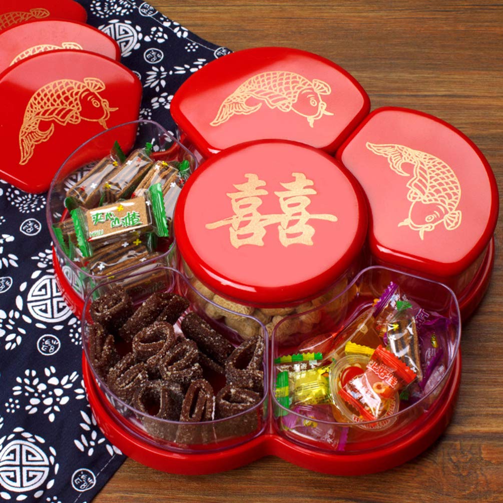 Hemoton 6-Compartment Rotating Candy Dish with Lid - Snack Storage Tray for Dried Fruits, Nuts, Chocolates - Perfect for Home, Chinese New Year, Wedding Party, Office Snacks (Red)