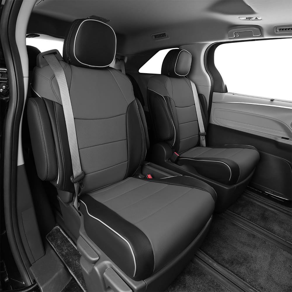 EKR Custom Fit Leather Seat Covers for 2021-2025 Toyota Sienna LE XLE 8 Seater | 2nd Row 4/2/4 Split | 3 Row Full Set | Black & Gray | Perfect for Family Road Trips & Daily Commute