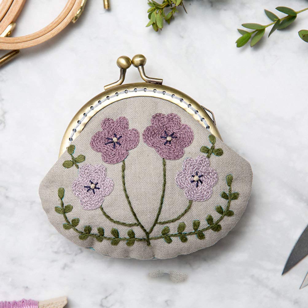 DIY Coin Purse Embroidery Kit - Purple Flower Design Pouch Making Set with Lock Stitch Tool for Handmade Wallets & Gift Bags | Perfect for Crafting, Sewing Projects & Unique Gift Ideas