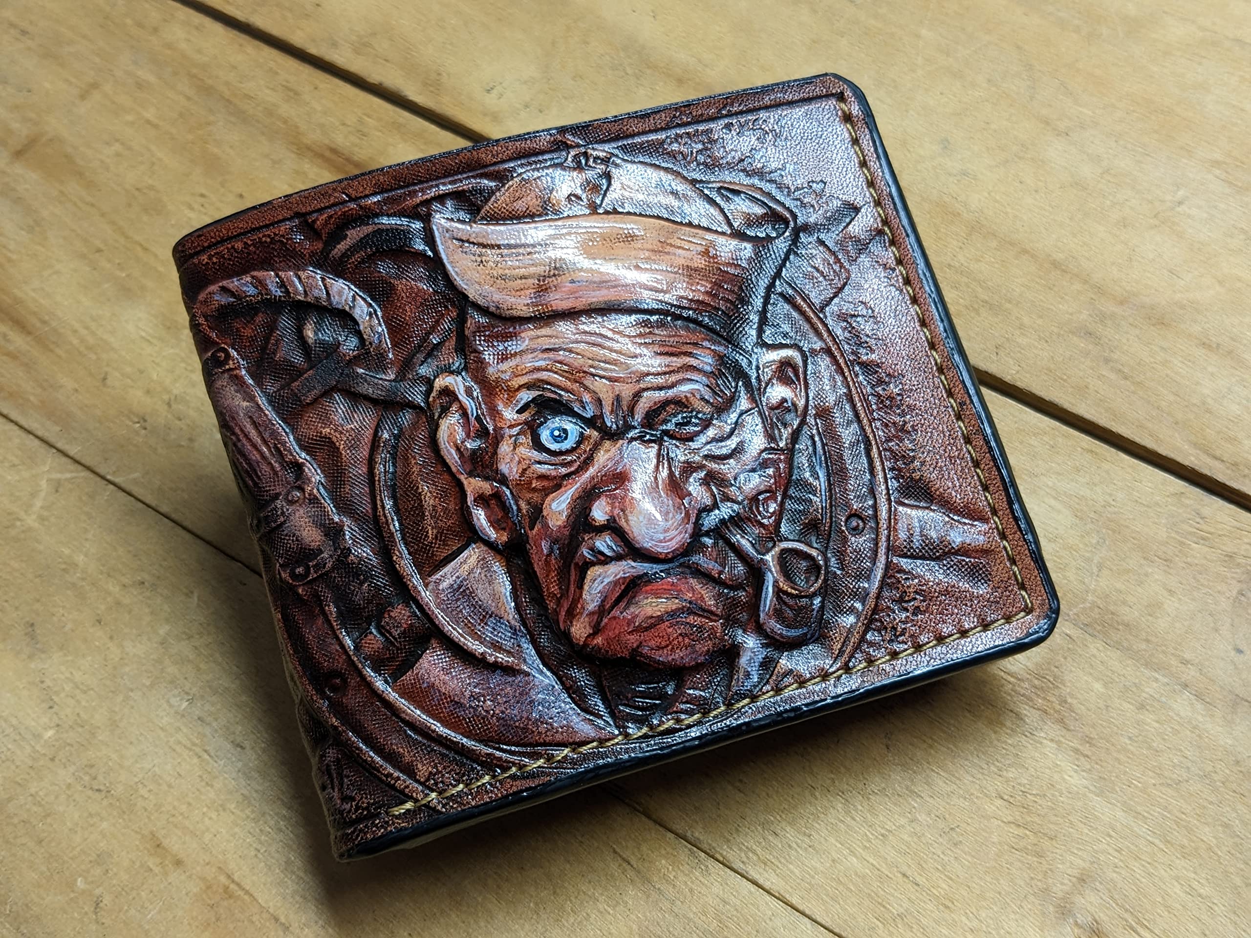 Handcrafted 3D Genuine Leather Anchor & Ship Wheel Wallet for Men - Custom Biker Wallet with Airbrush Art & Carved Design - Perfect for Motorcycle Riders, Nautical Enthusiasts & Unique Gift Giving