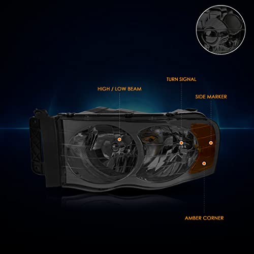 PM PERFORMOTOR Replacement Headlights Assembly - Compatible with 2002-2005 Dodge Ram 1500/2500/3500 - 2Pcs Smoked Lens Headlamps with Amber Corner for Off-Road & Night Driving