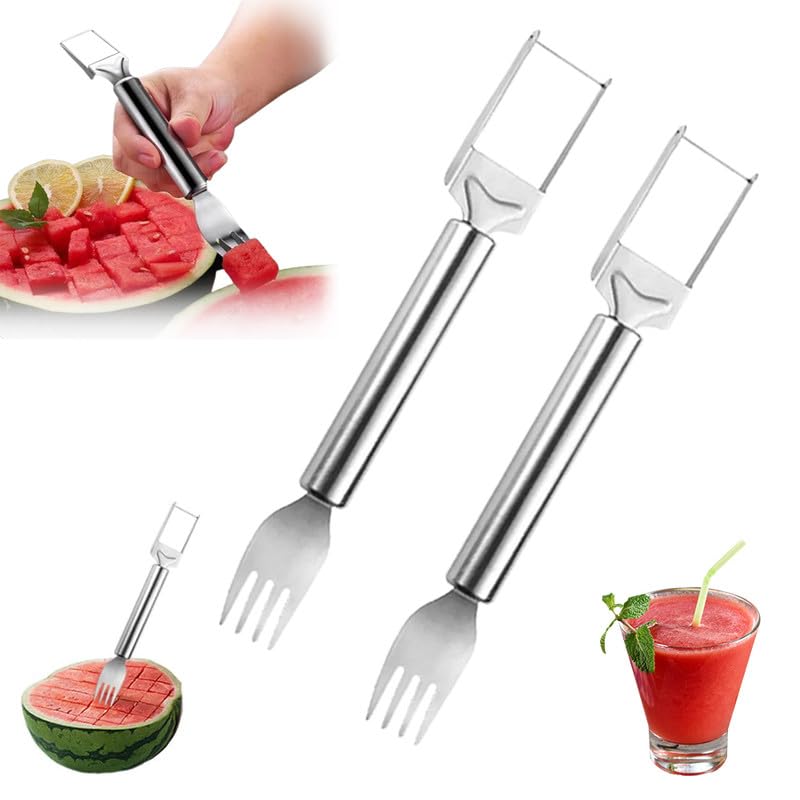 2-in-1 Stainless Steel Fruit Cutter & Watermelon Slicer - 2024 Upgraded Dual Head Fruit Fork with Ergonomic Handle for Easy Cutting - Perfect for Home Kitchen, BBQ Parties, Picnics & Camping (2 Pack)