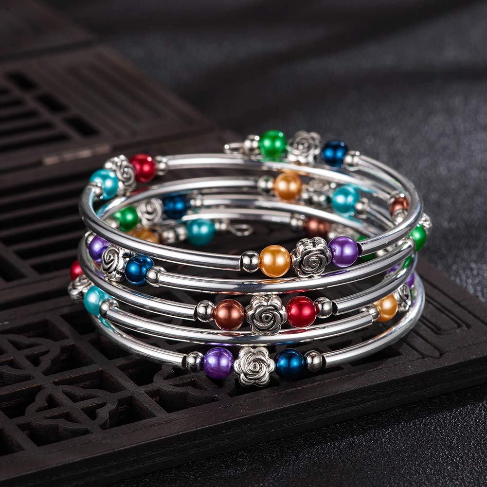 BULINLIN Rose Beaded Bracelet with Natural Agate Stone - Elegant Wrap Bangle Jewelry for Women | Perfect Gift for Birthday, Anniversary & Special Occasions