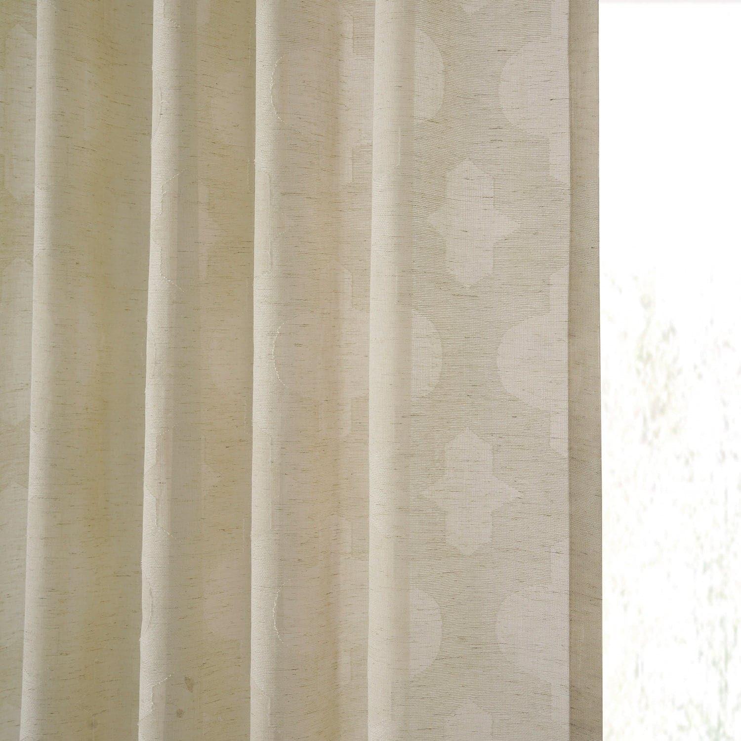 Calais Tile Beige Geometric Pattern Faux Linen Sheer Curtains - Modern Window Treatment for Living Room & Bedroom