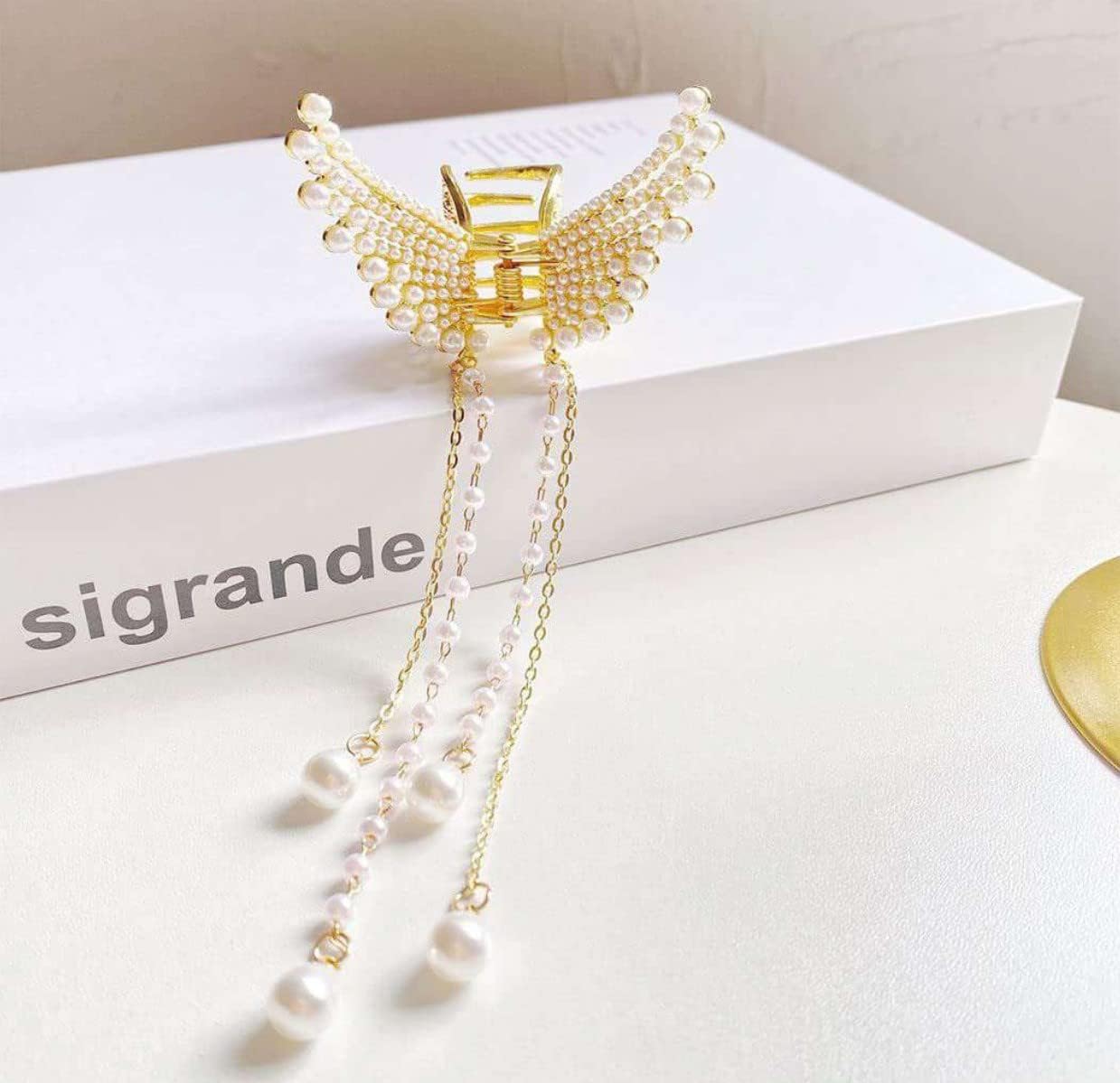 Korean Style Pearl Metal Hair Claw Clip - Golden Butterfly Hair Clutch with Tassel for Women & Girls (1PC) | Elegant Hair Accessories for Parties, Weddings & Daily Styling