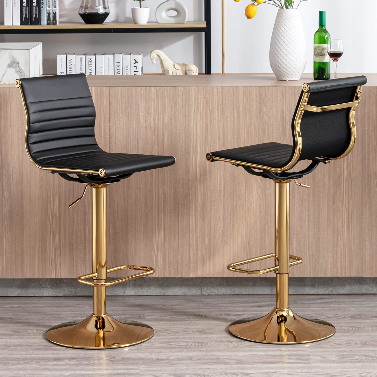 2 Pack Adjustable Metal Bar Stools - Modern Black PU Leather Counter Height Stools with Golden Base for Kitchen Island, Bar & Dining Room | Perfect for Home, Restaurant & Cafe Use