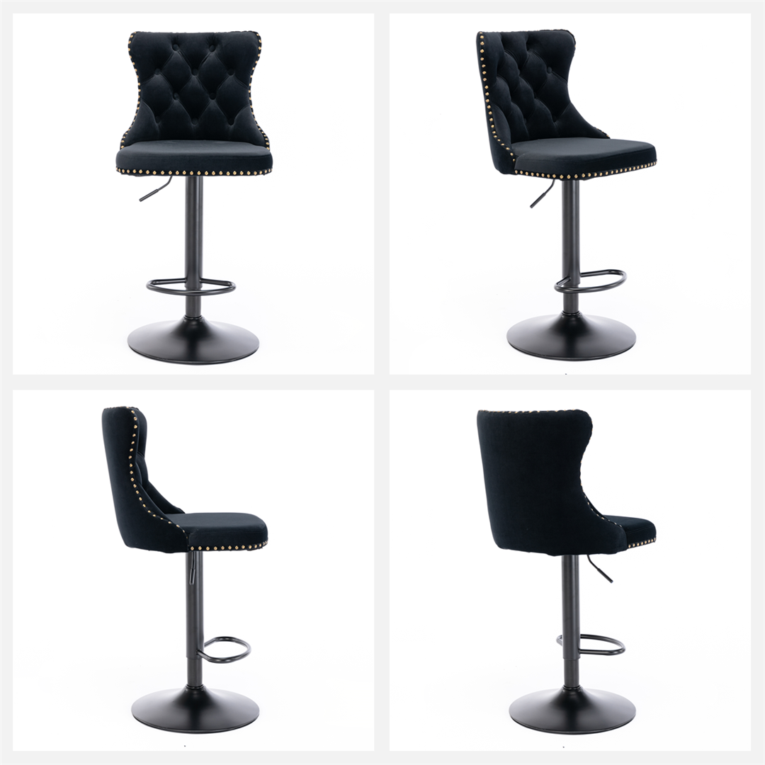 Adjustable Height Swivel Bar Stool with Velvet Upholstery & Nailhead Trim - Footrest Included - Perfect for Kitchen Islands, Home Bars & Dining Counter Seating
