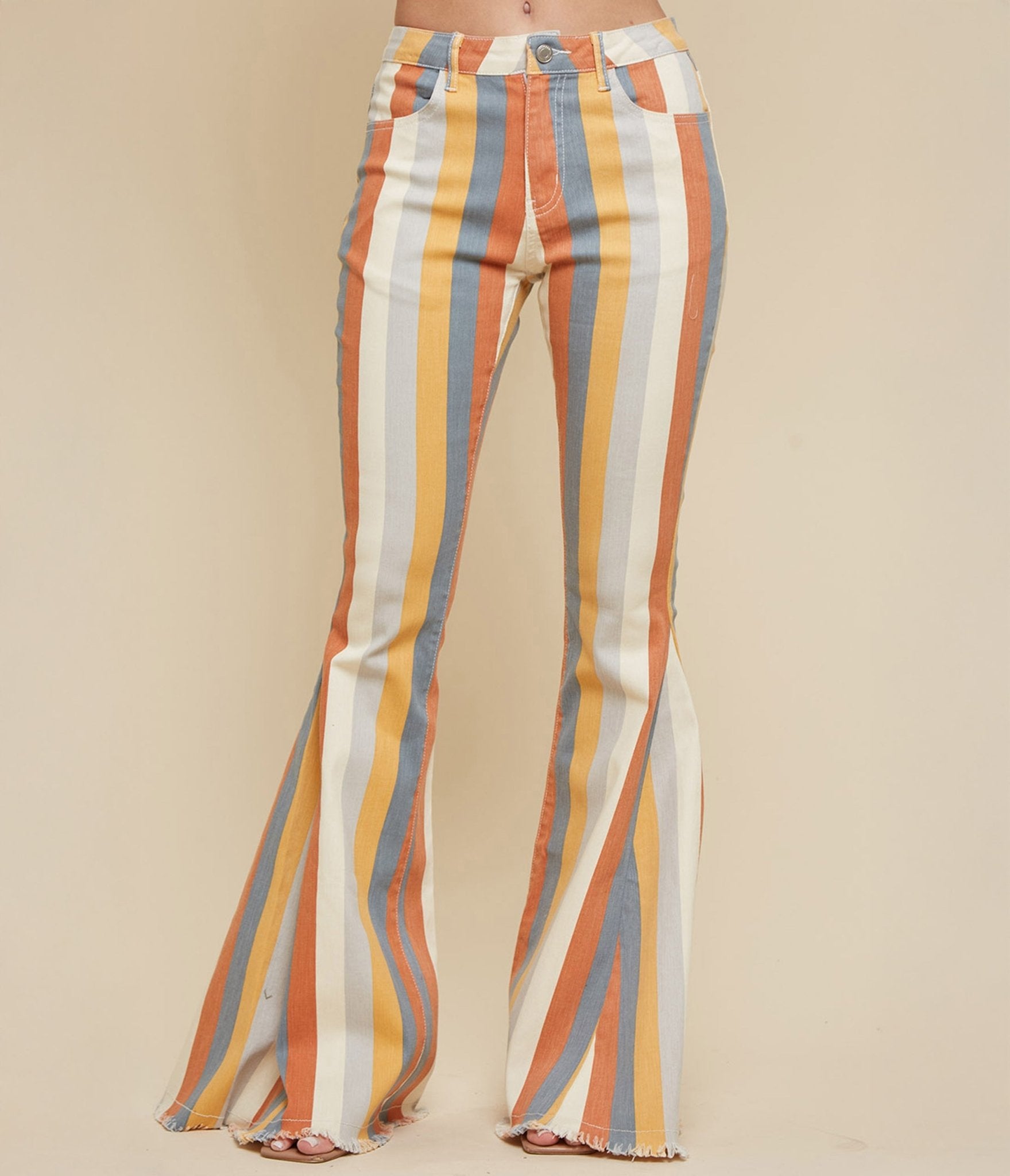 Vintage 1970s Earth Tone Striped Bell Bottom Jeans - Retro High Waisted Flared Pants for Women, 70s Hippie Style Denim for Music Festivals & Costume Parties