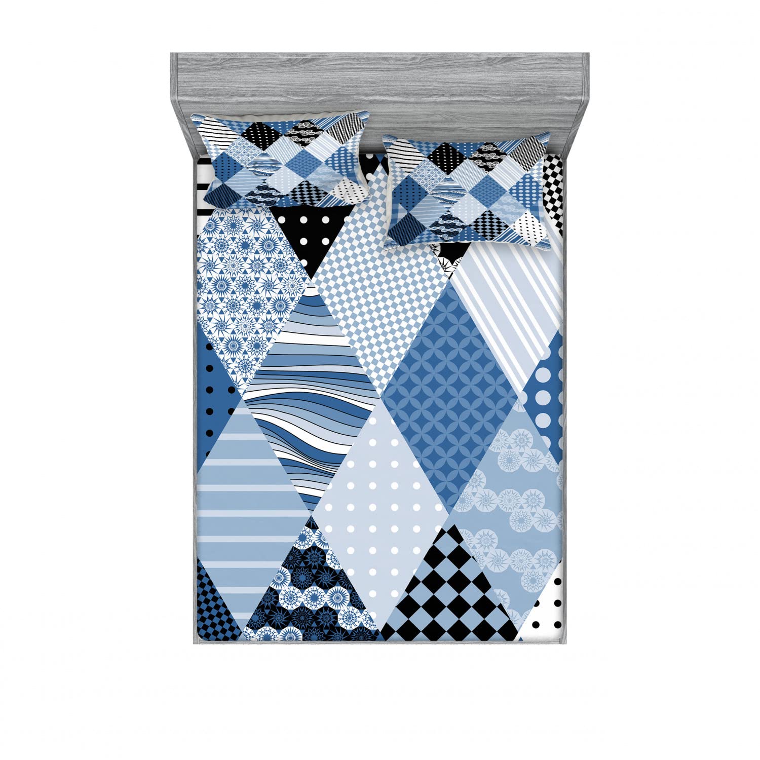 Ambesonne 2-Pack Geometric Fitted Sheet & Pillow Sham Set - Diamond Patchwork Design, 4-Piece Bedding Decor (2 Twin XL Fitted Sheets & 4 Pillow Covers) - Black & Blue - Perfect for Dorm Rooms, Guest Beds & Modern Home Decor