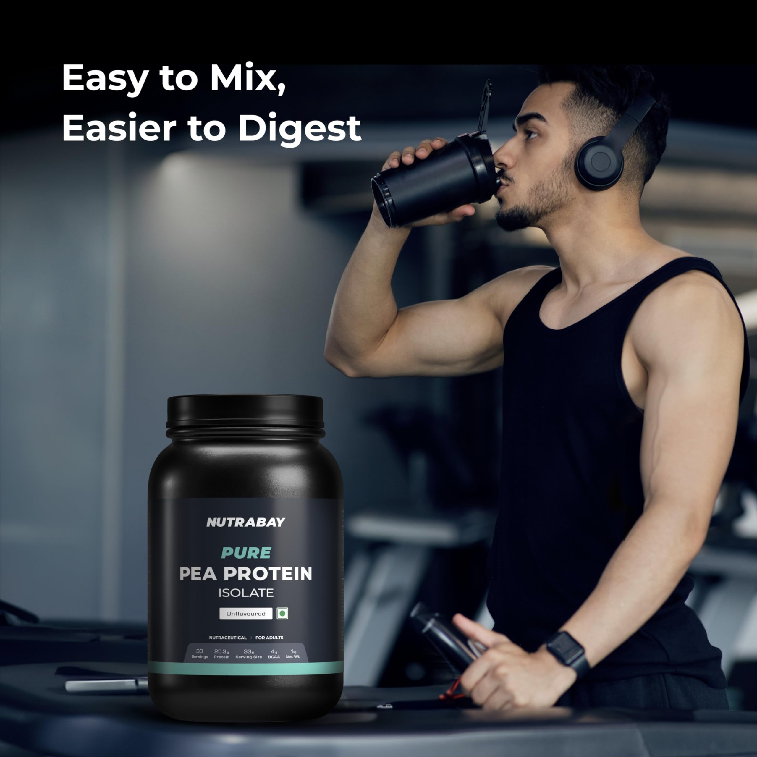 Nutrabay Pure Pea Protein Isolate Powder - 1kg Unflavored (30 Servings) | 25.3g Protein & 5g BCAA per Serving | Plant-Based Protein for Muscle Growth, Recovery & Weight Management | Easy to Digest Vegan Protein Powder for Smoothies, Baking & Post-Workout Shakes