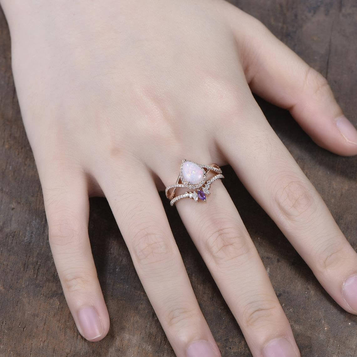 Natural Pear Opal Wedding Ring Set with Marquise Amethyst - Vintage Boho Engagement Ring for Women - Perfect for Bridal Jewelry, Anniversary Gifts & Boho Chic Fashion