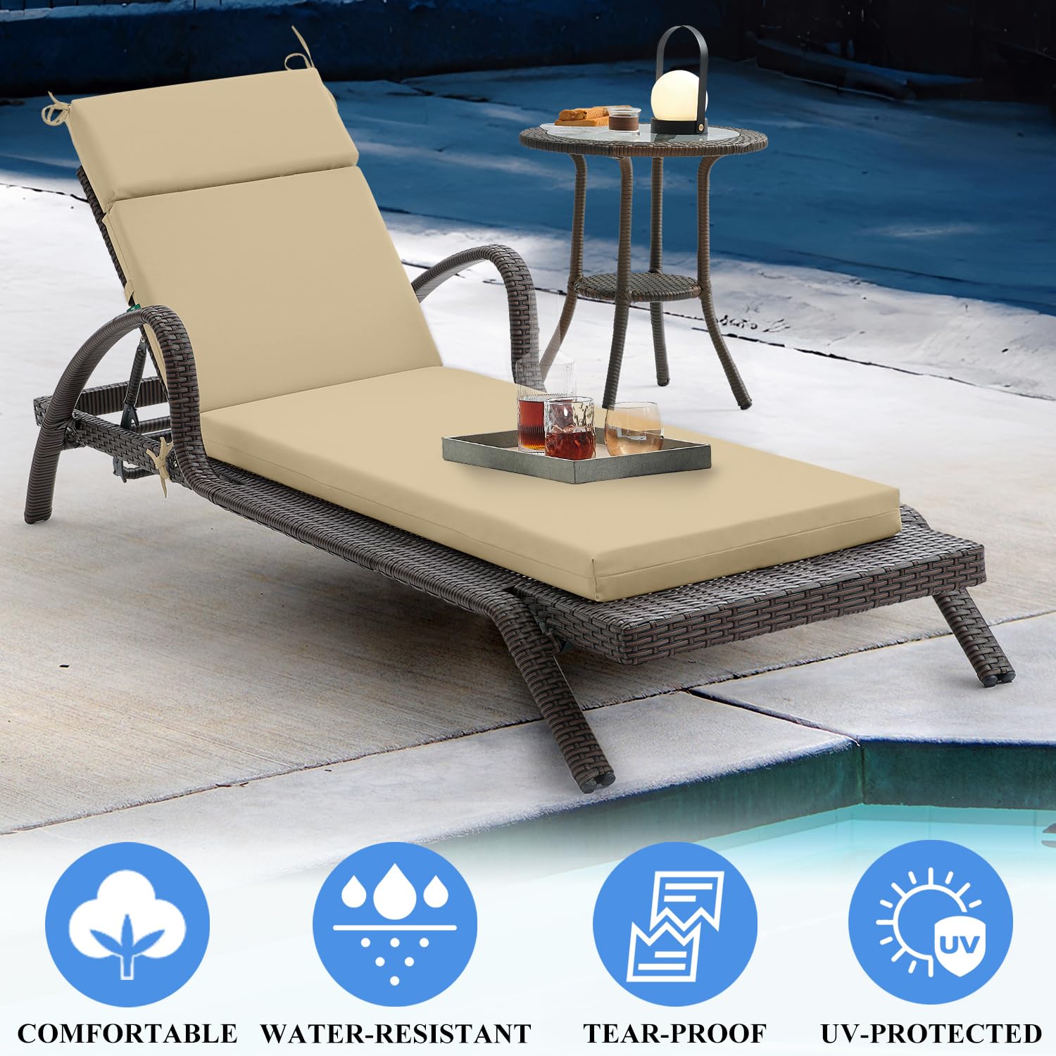 FILUXE Outdoor Chaise Lounge Cushions 80x26x3 Inch - High-Density Foam Chair Cushion with Ties, Weather & Fade Resistant - Patio, Lawn, Pool & Beach Recliner Cushions (Khaki) | Perfect for Sunbathing, Relaxing by the Pool, or Lounging in Your Backyard