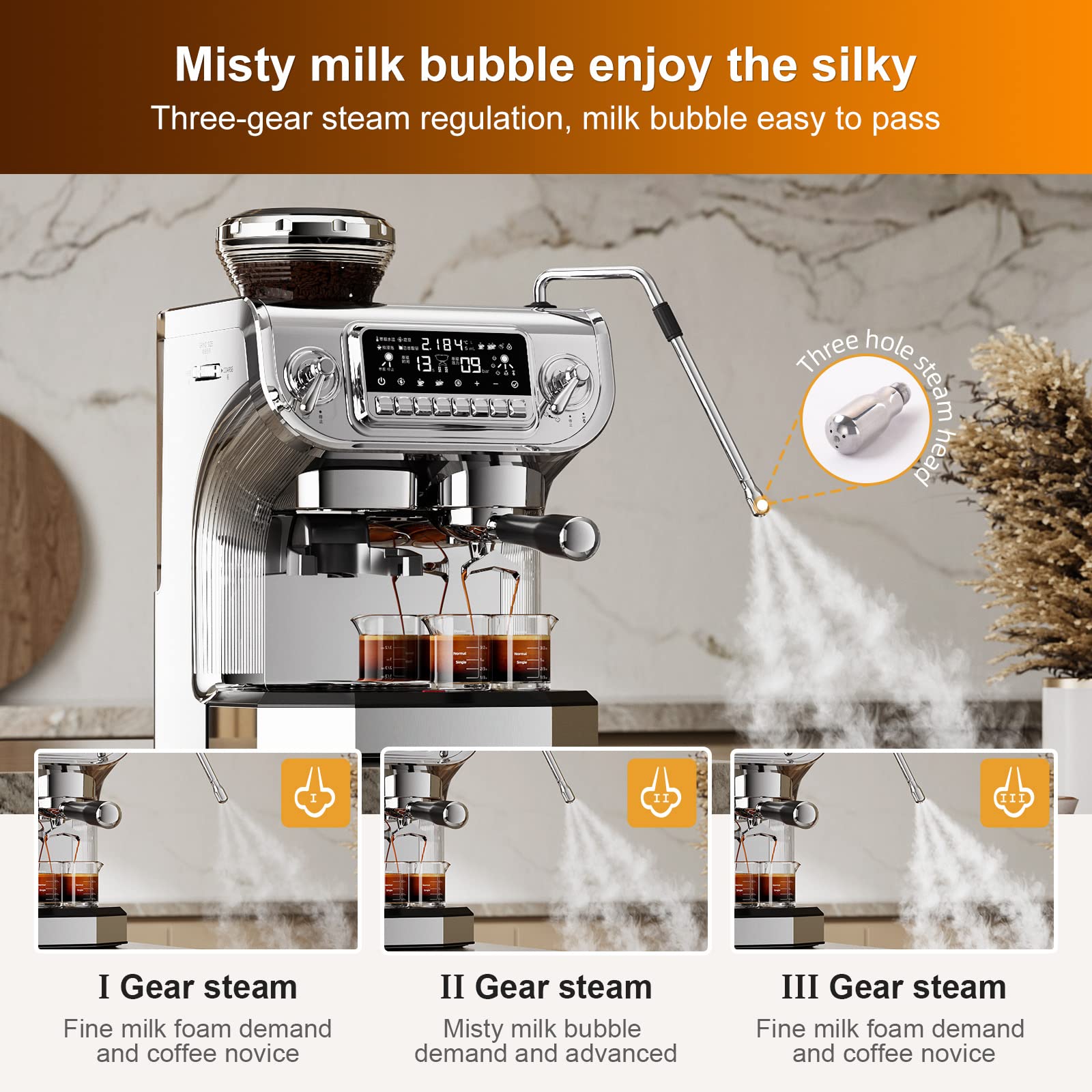 Mcilpoog TC530 Semi-Automatic Espresso Machine with Built-in Grinder & Milk Frother - 15 Bar Pressure, PID Temperature Control, 5.5