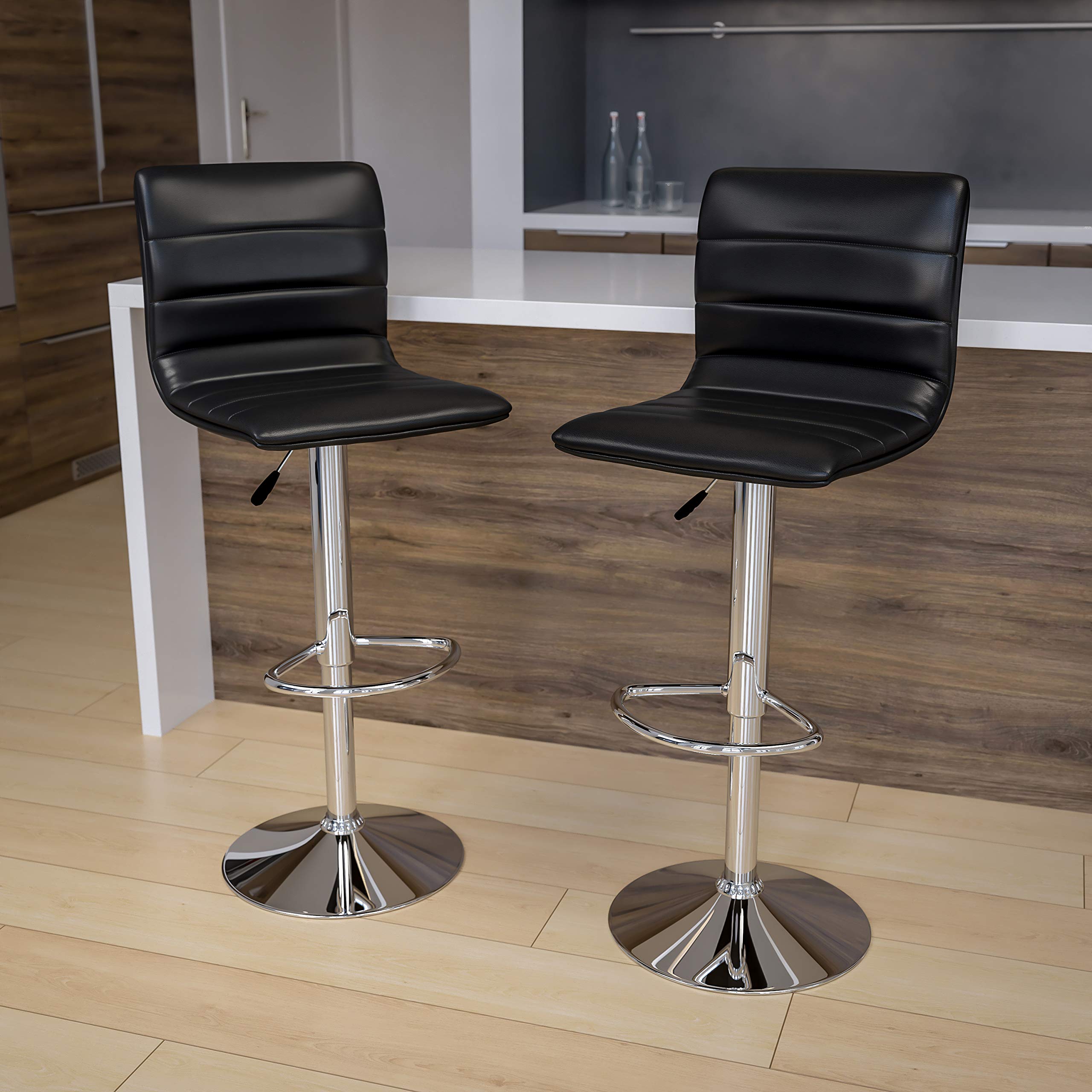 2 Pack Black Vinyl Adjustable Height Bar Stools with Horizontal Stitch Back - Modern Kitchen Counter Stools for Dining, Bar & Home Decor