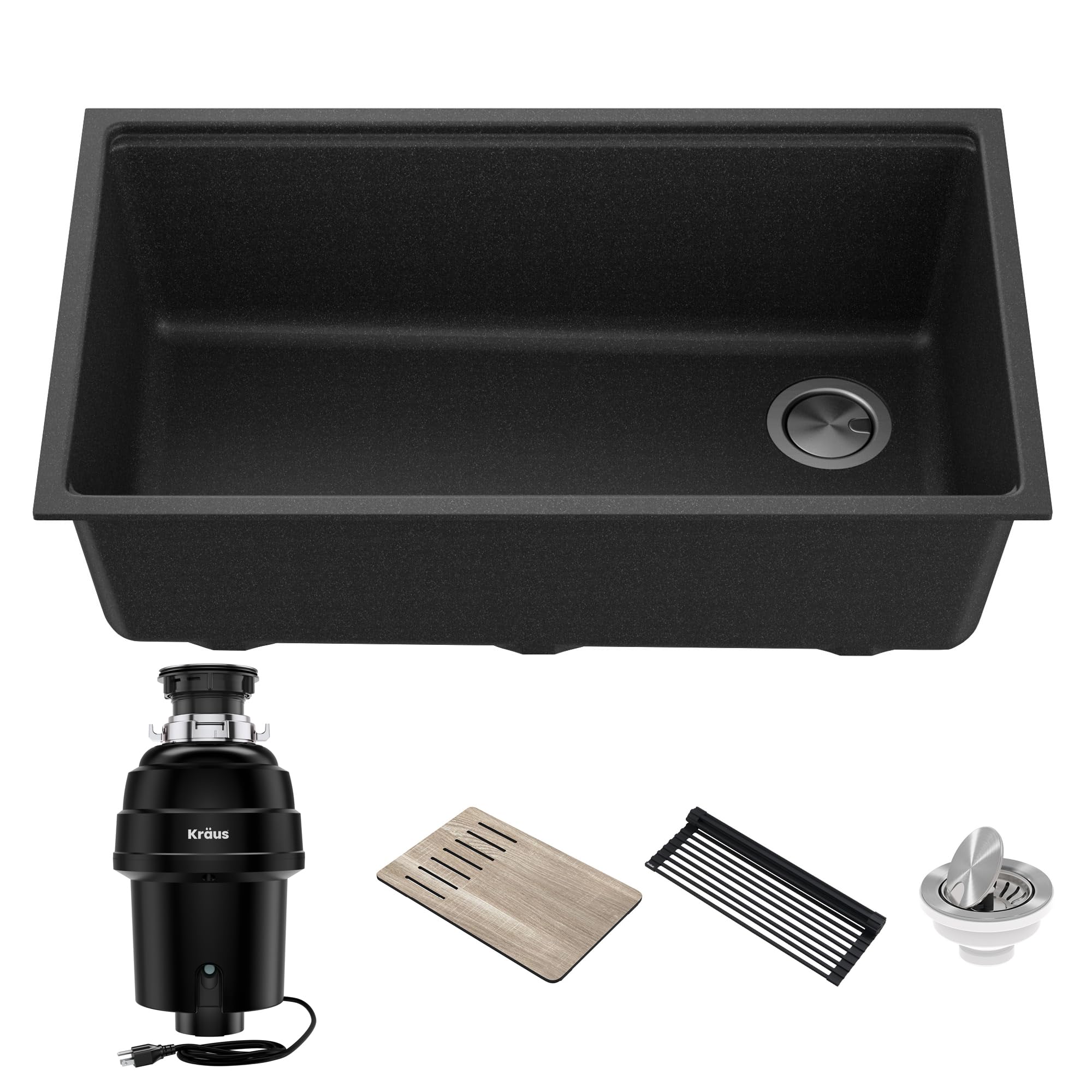 Kraus KGUW2-33MB-100-100 Bellucci 32-inch Undermount Granite Composite Single Bowl Kitchen Sink in Metallic Black with WasteGuard 1 HP Garbage Disposal - Durable Workstation Sink for Modern Kitchens, Perfect for Food Prep and Dishwashing