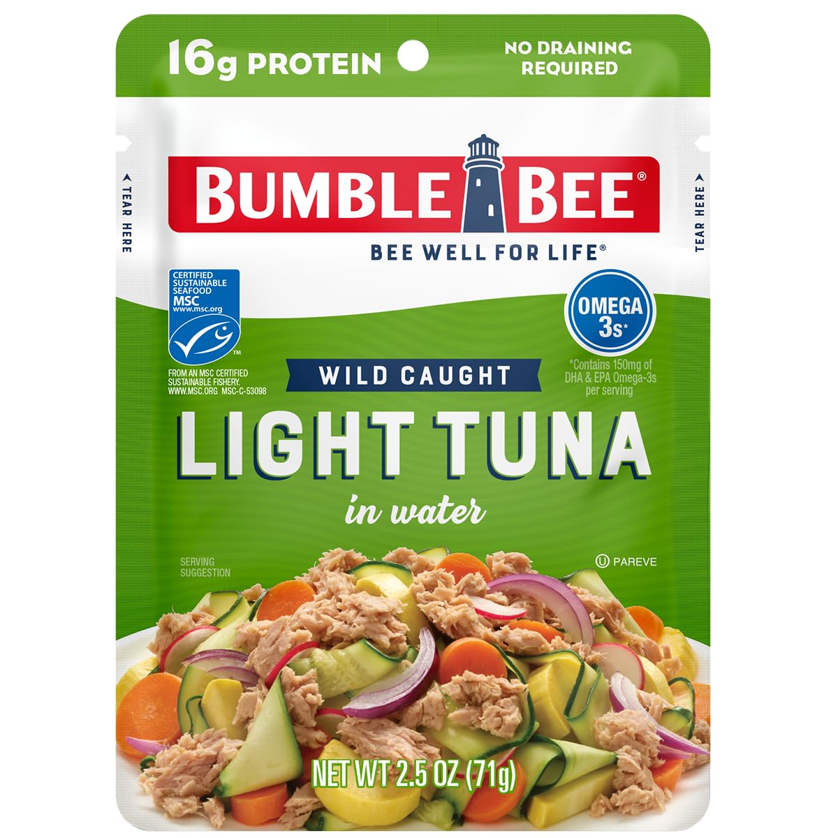 Bumble Bee Chunk Light Tuna in Water, 2.5 oz Pouch - Wild Caught Skipjack Tuna, Ready to Eat, High Protein (16g per Serving) - MSC Certified Sustainable Seafood, Non-GMO, Gluten Free, Kosher - Perfect for Lunches, Camping & Emergency Food Supplies