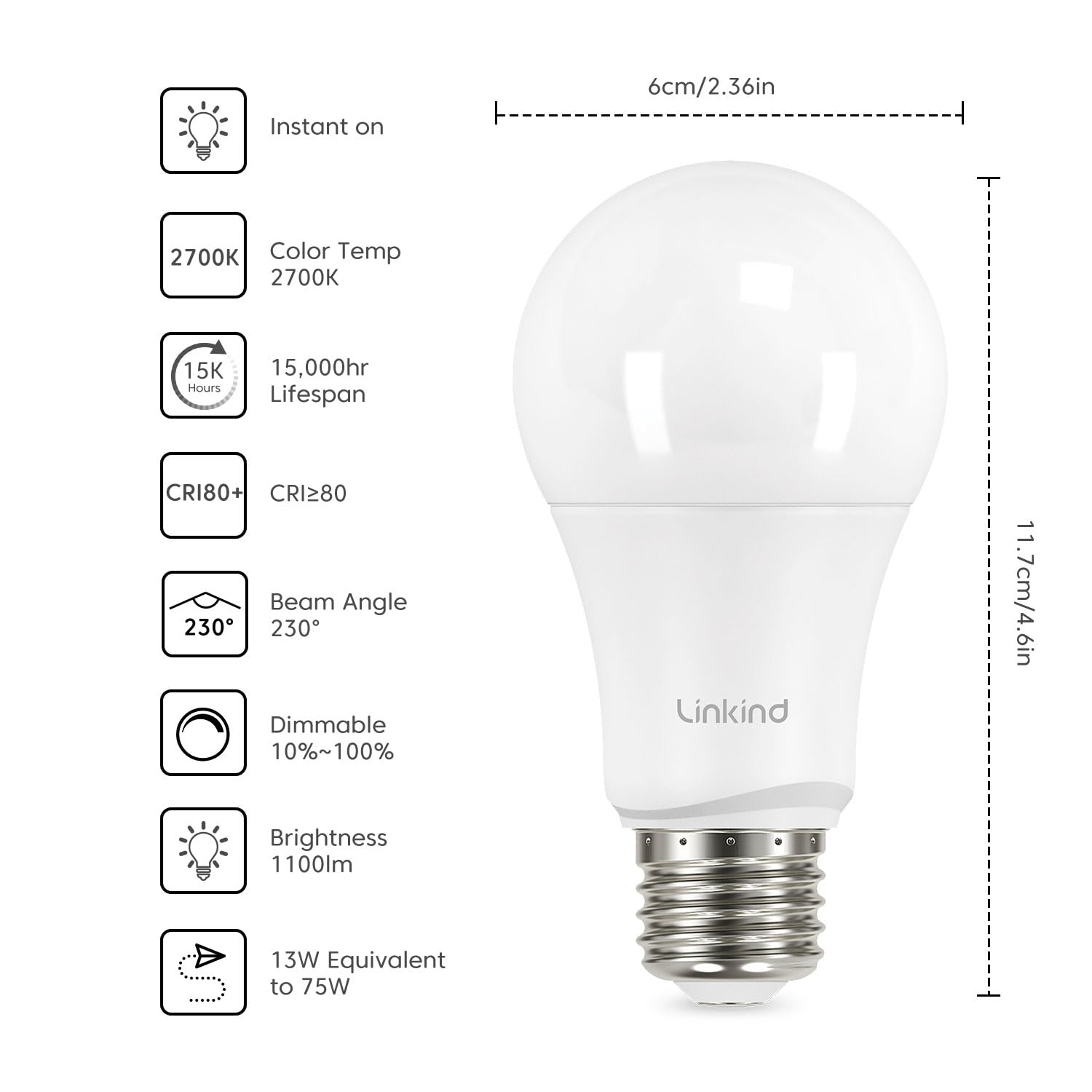 Linkind A19 LED Light Bulbs - 75W Equivalent Dimmable, E26 Base, 2700K Soft White (13W 1100 Lumens), UL & FCC Certified - Perfect for Bedroom, Living Room, Home Office Lighting (6-Pack)