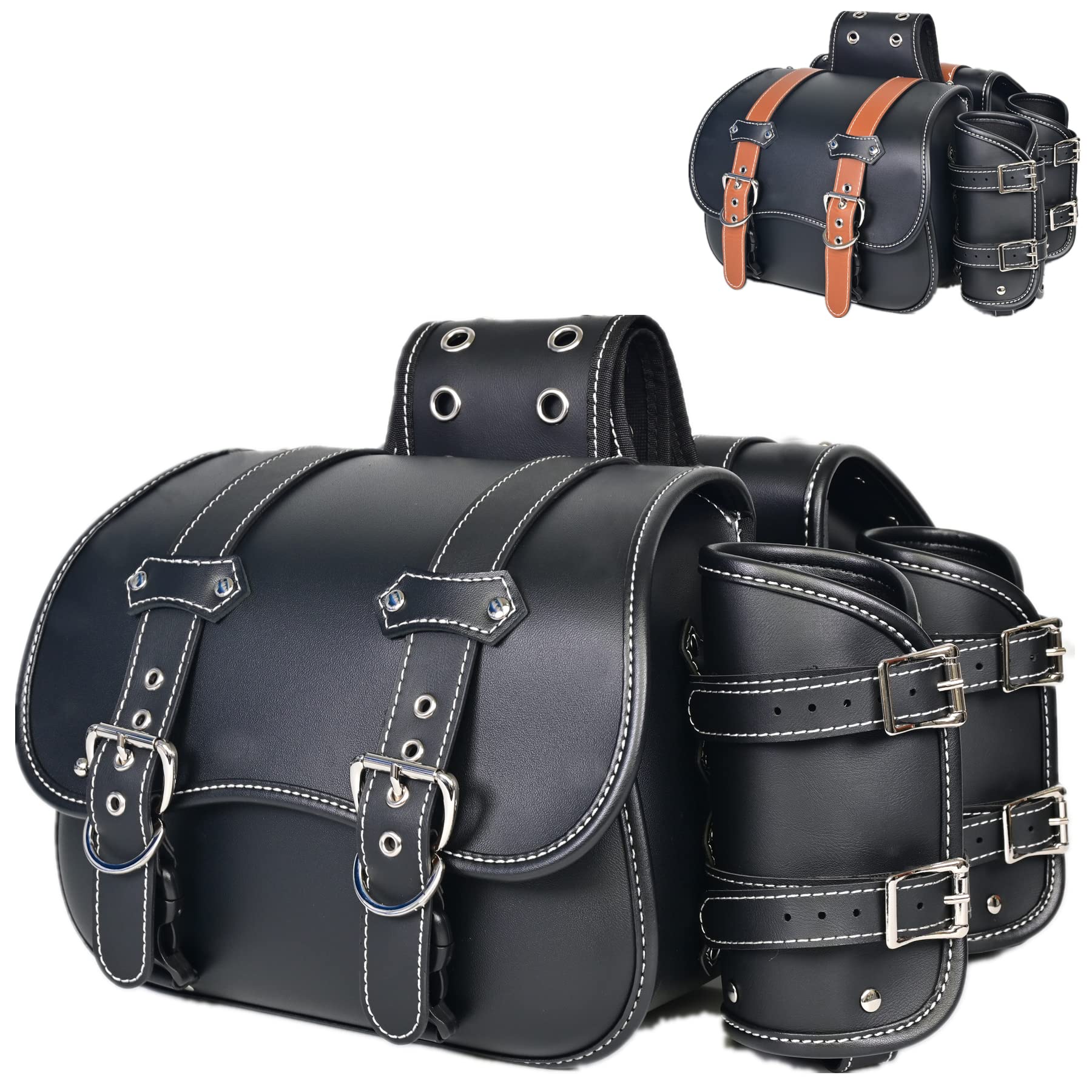 JAIYESOU PVC Leather Motorcycle Saddle Bags - Waterproof Throw Over Panniers with Cup Holder & Side Tool Storage | Universal Fit for Motorbikes (1 Pair, Brown Belt & Black) | Perfect for Commuting, Road Trips & Adventure Riding