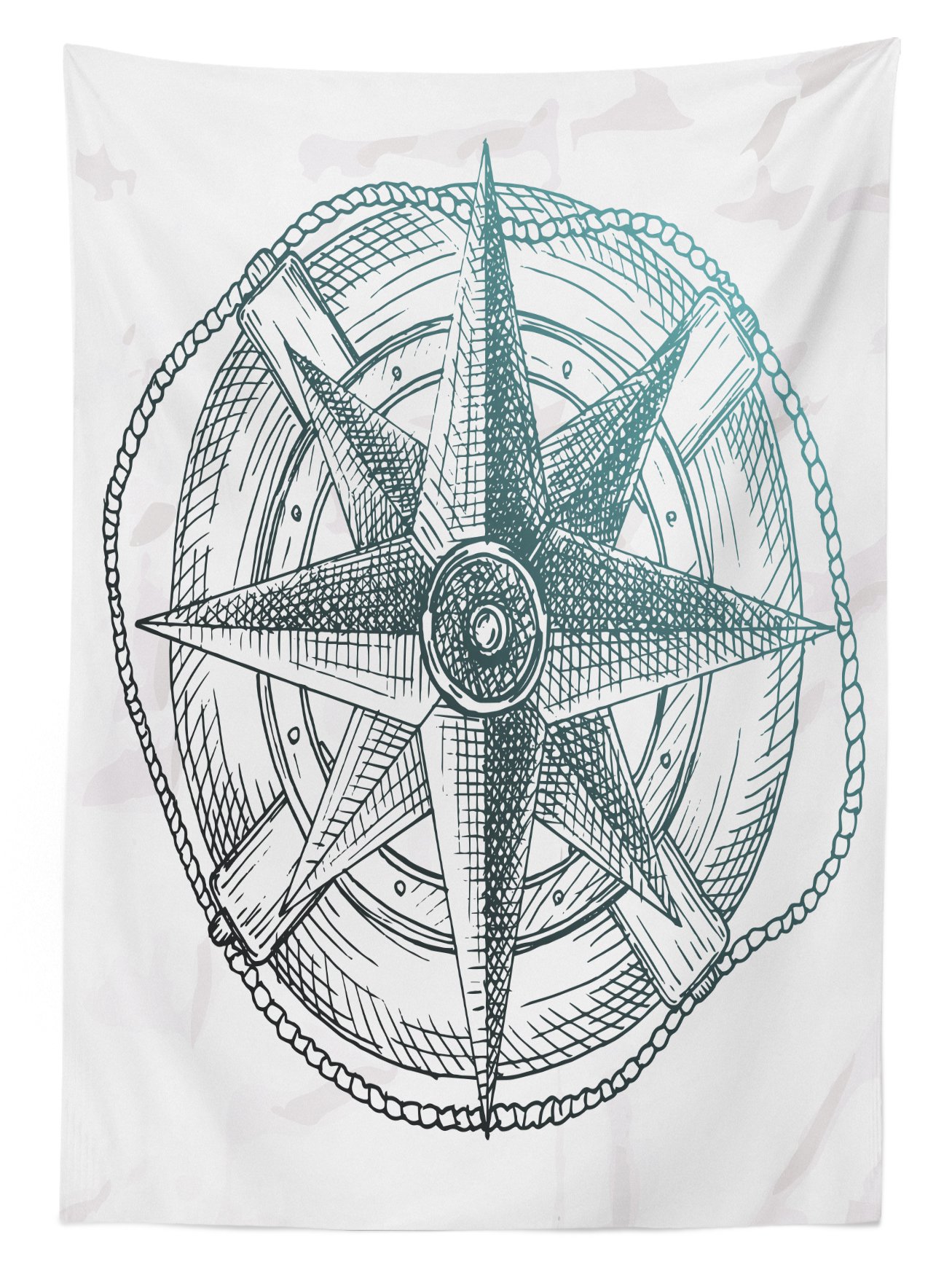 Lunarable Nautical Outdoor Tablecloth - Compass & Steering Wheel Ocean Yacht Sailing Design, Hand-Drawn Washable Picnic Table Cover 58x104 Inches in Pale Green & Charcoal Grey | Perfect for Beach Parties, Backyard BBQs, and Nautical-Themed Decor