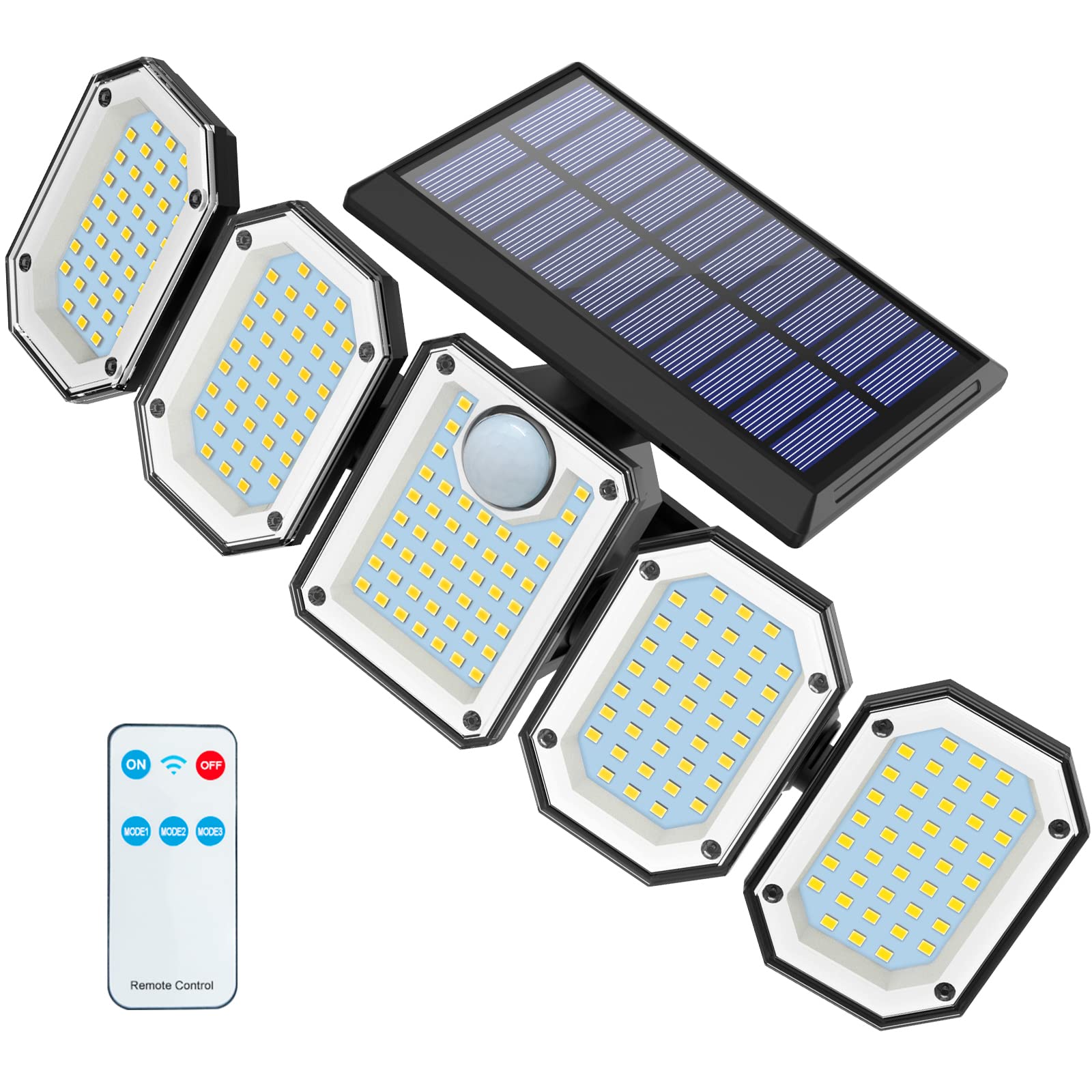 Solar Powered Outdoor Security Lights with Motion Sensor - 300 LED, 7000K Bright White, 5 Adjustable Heads, IP65 Waterproof, Remote Control - Ideal for Garage, Yard, Garden, Pathway & Driveway Lighting (1 Pack)