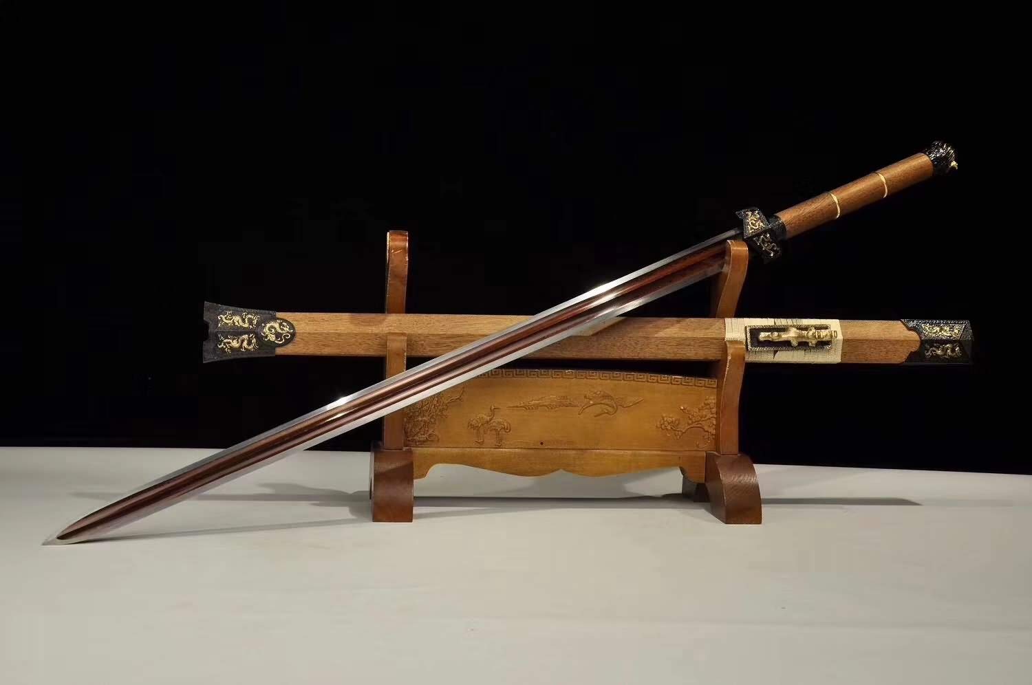 Handmade Chinese Han Jian Sword - Battle Ready Forged Damascus Steel Blade with Brass & Rosewood Scabbard | Martial Arts Training, Historical Reenactment, Home Decor & Collection Display