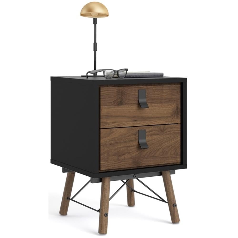 Tvilum Black Matte and Walnut 2-Drawer Nightstand - Modern Bedside Table for Bedroom, Living Room, or Guest Room Storage
