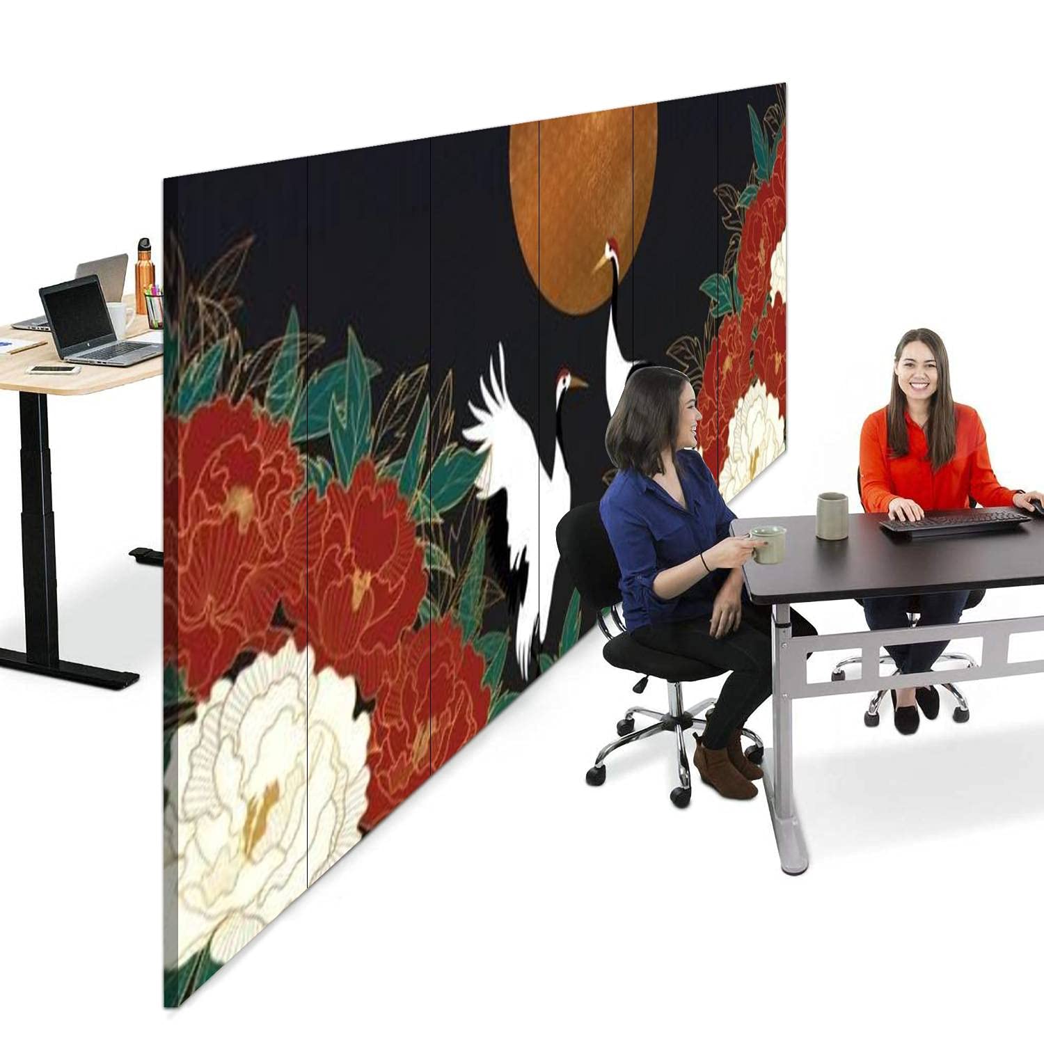 Luxury Gold Floral Oriental Style Room Divider Screen - 6 Panel Folding Privacy Partition with Canvas Background & Flower Wallpaper Design | Perfect for Living Room, Bedroom, Office & Event Space Dividers
