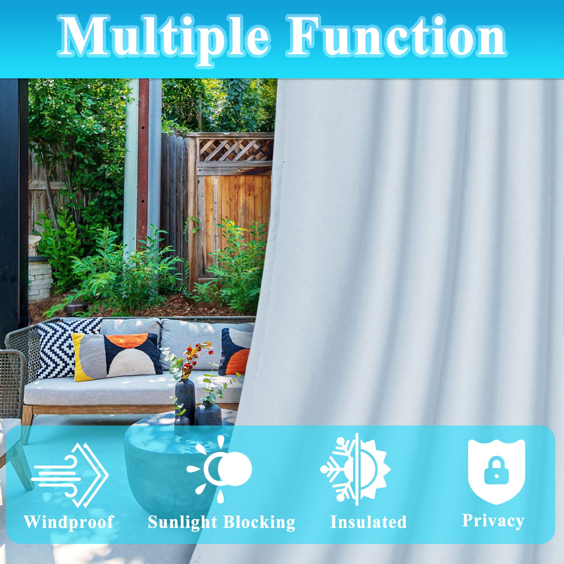 Frement Extra Long Outdoor Curtains - 84W x 120L Windproof Thermal Insulated Window Drapes for Patio, Porch & Canopy - Sky Blue Waterproof Curtain Panels with Anti-Rust Grommets (1 Panel) - Perfect for Sun Protection, Privacy & Outdoor Decor
