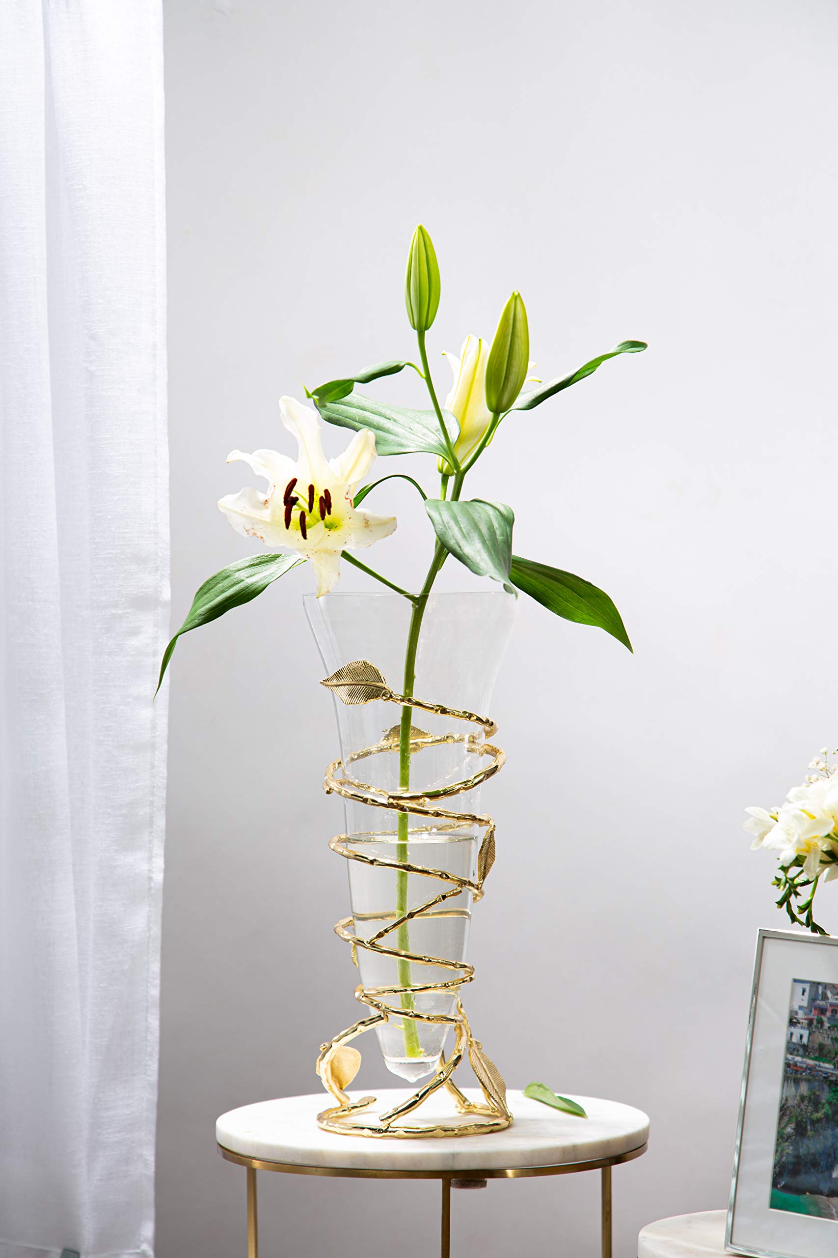 Elegant Clear Glass Vase with Removable Gold Leaf Base - 15 Inch Tall Decorative Flower Vase for Home, Wedding & Event Centerpieces