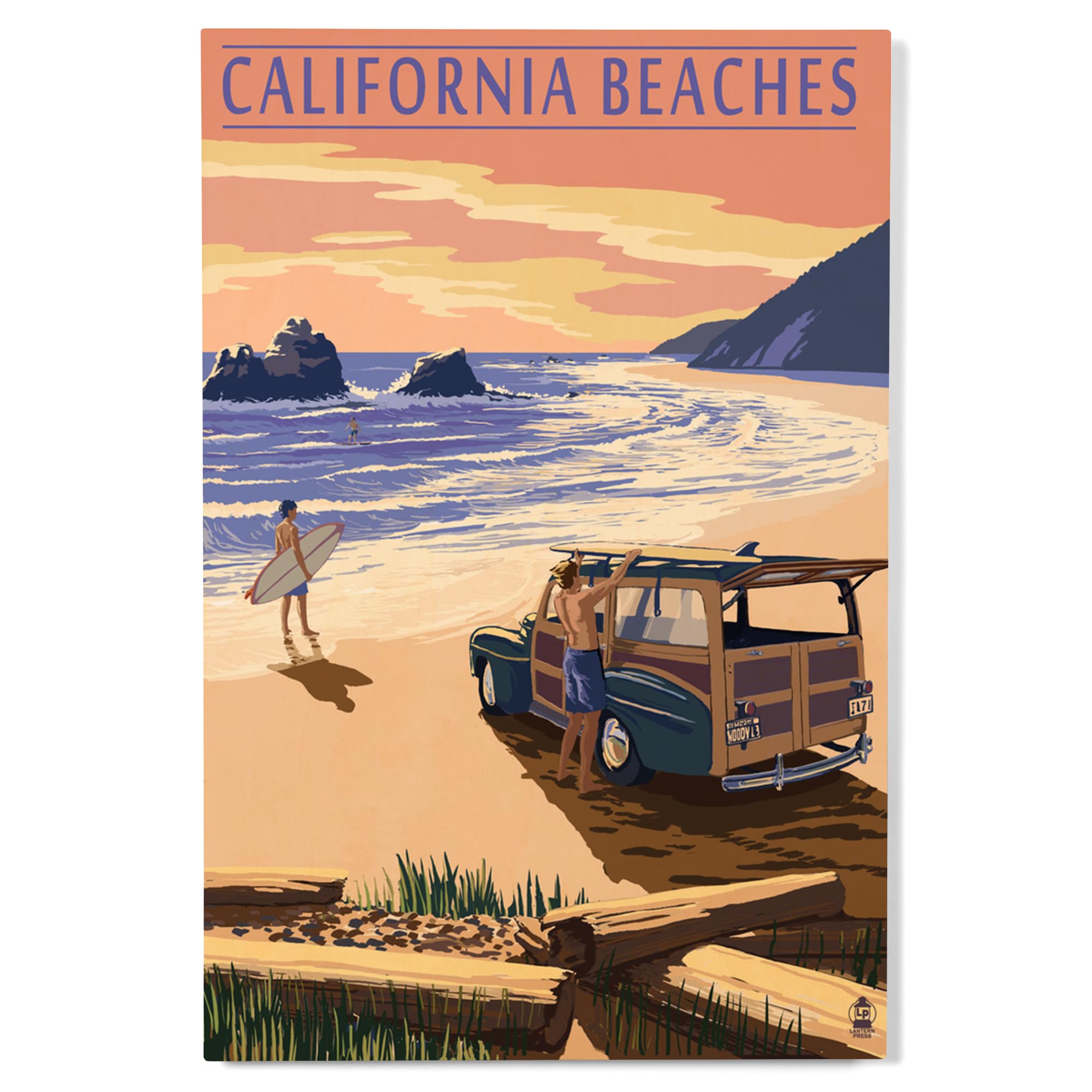 Lantern Press 12x18 Inch Premium Wood Wall Sign - California Beaches Art Print with Woody Character - Ready to Hang Coastal Home Decor for Living Room, Bedroom, or Beach House