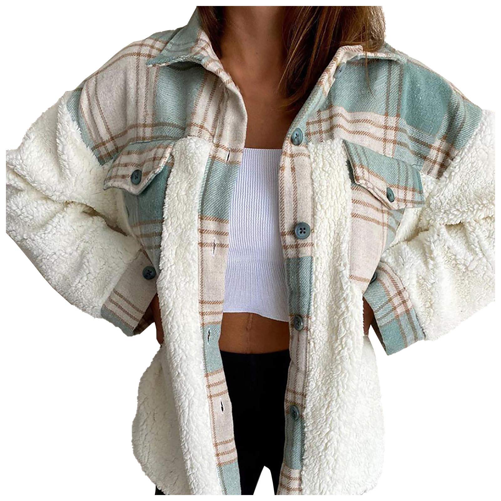 Women's Plaid Patchwork Cropped Jacket - Warm Button Plush Coat for Fall & Winter - Cozy Outdoor Cardigan for Casual Wear, Work & Travel