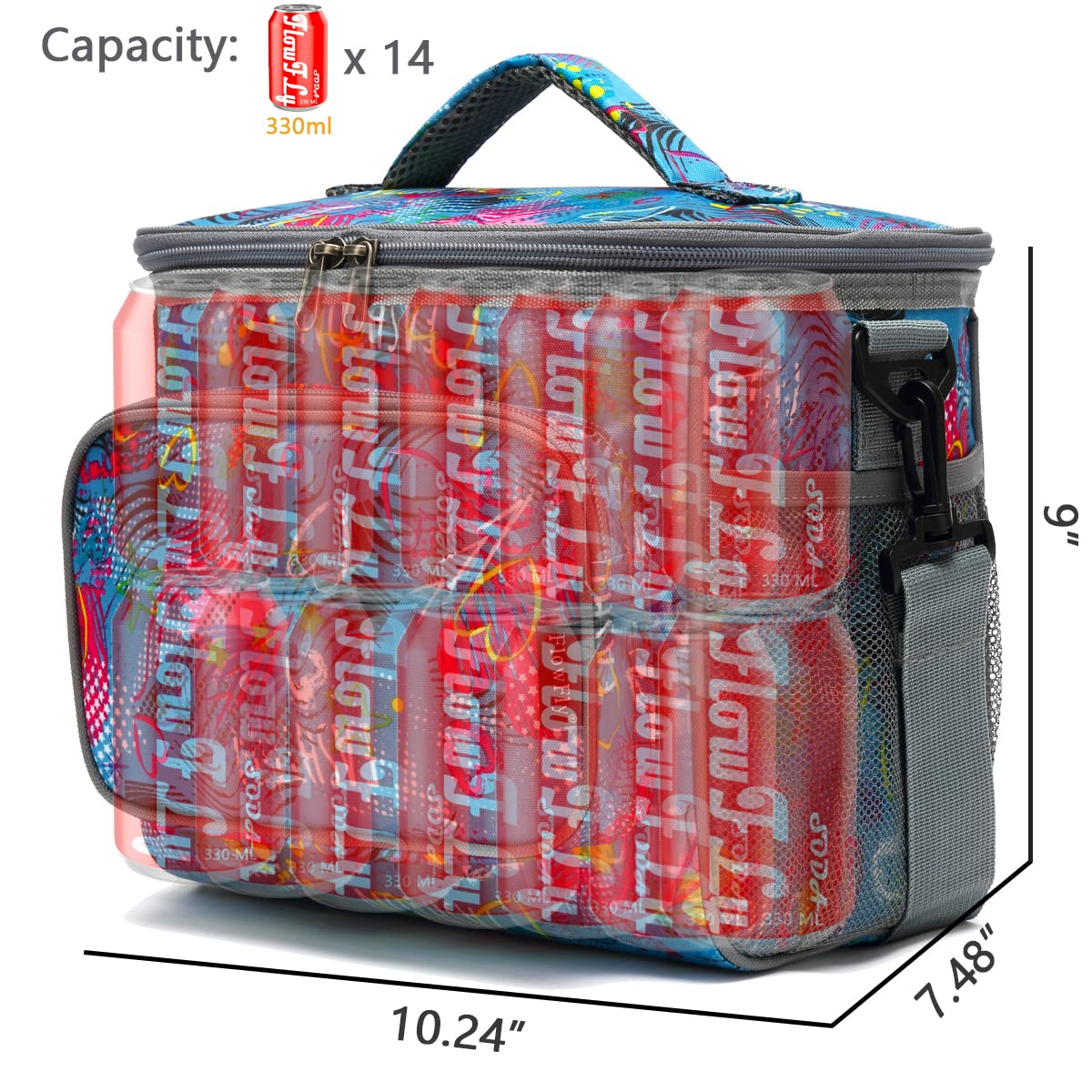 FlowFly Insulated Reusable Lunch Bag for Adults - Large Lunch Box with Adjustable Shoulder Strap, Front Zipper Pocket & Mesh Side Pockets - Perfect for Work, School, Picnics & Outdoor Activities