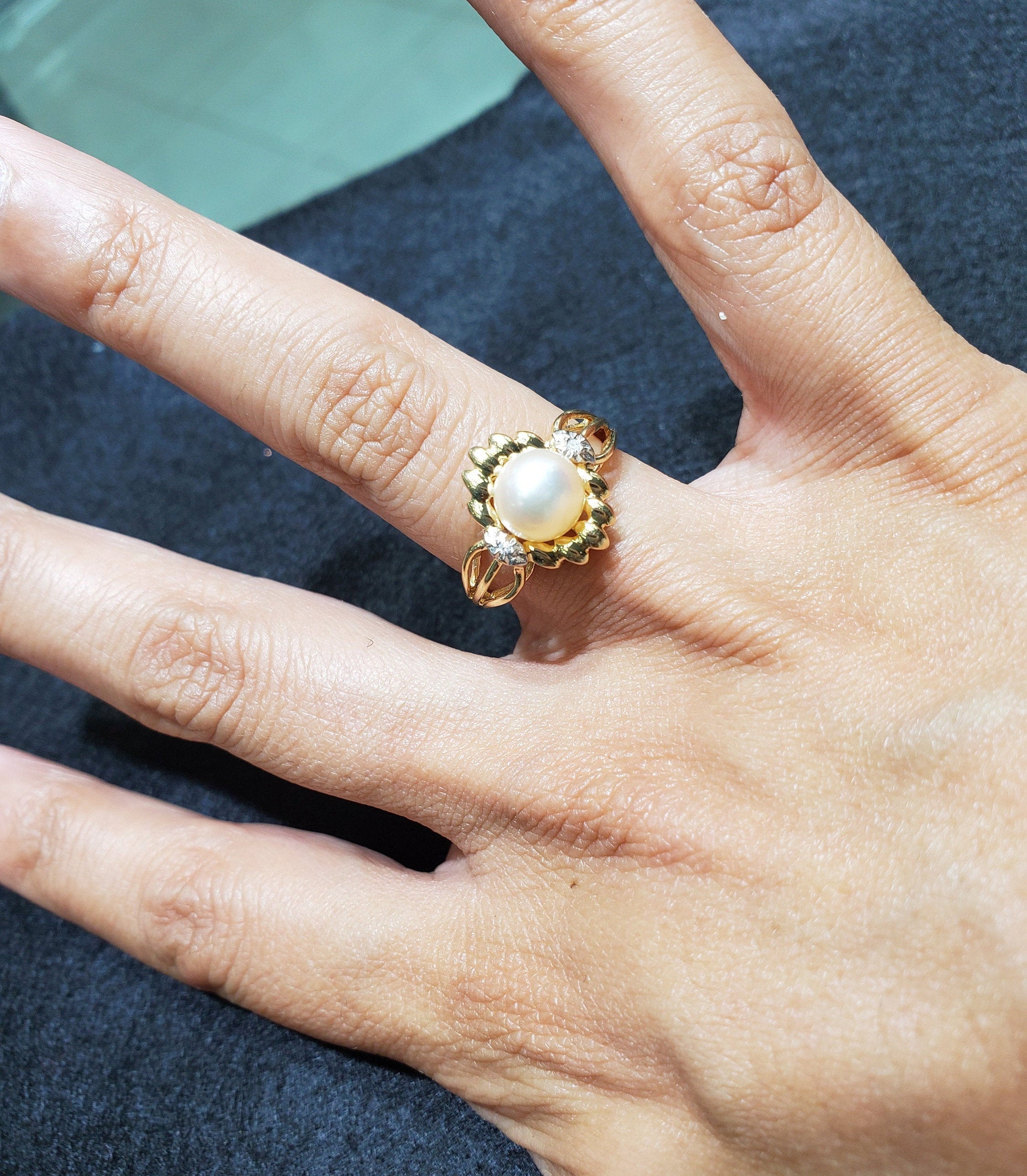 10K Yellow Gold Solitaire Pearl Diamond Ring for Women - Elegant Bridal Jewelry, Anniversary Gift, Engagement Ring & Wedding Band