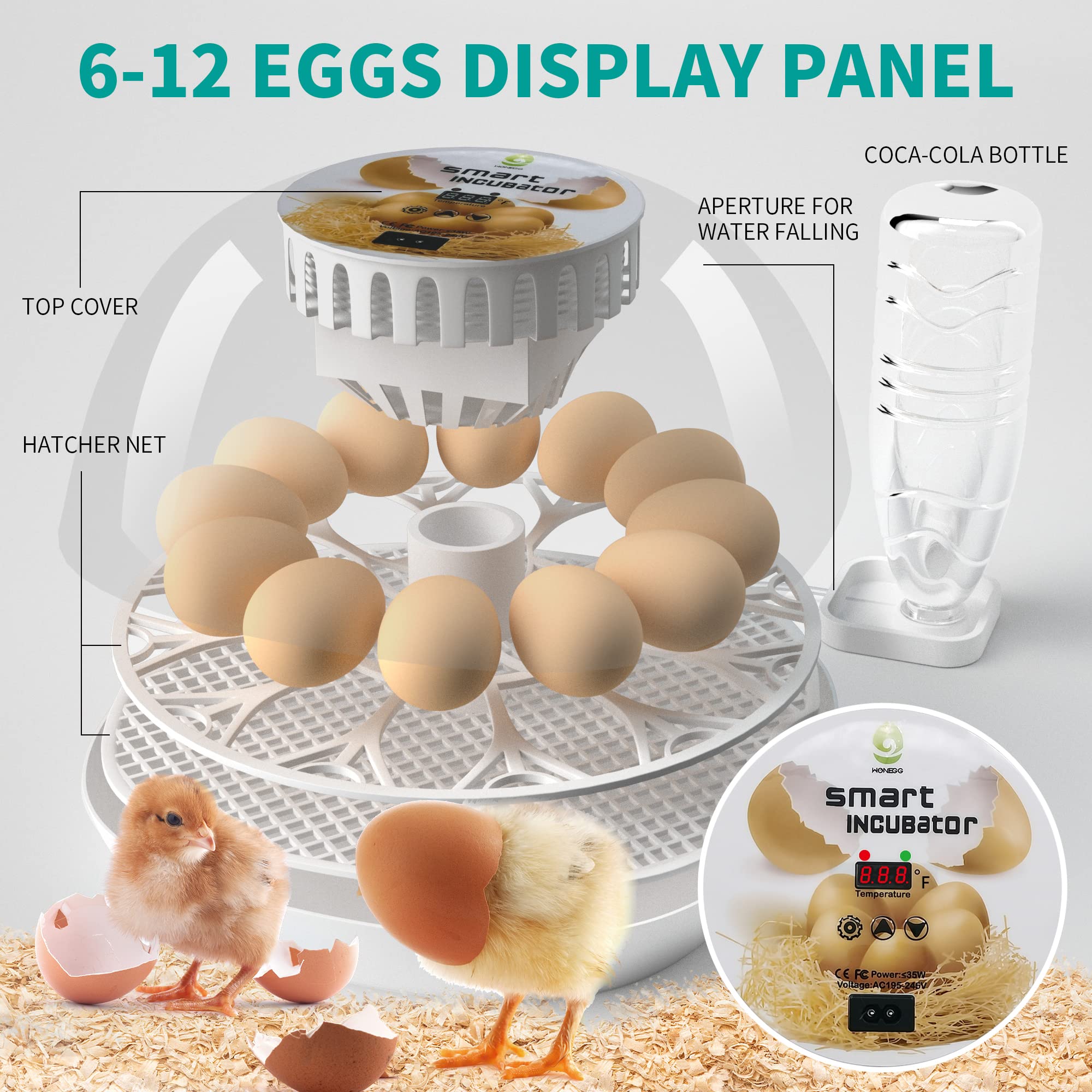 Lreerge 12 Egg Incubator - Automatic Egg Turner & Water Feeder, 360° Clear View for Hatching Chicken, Goose, Quail, Duck Eggs - Perfect for Home Poultry Farming & Classroom Science Projects