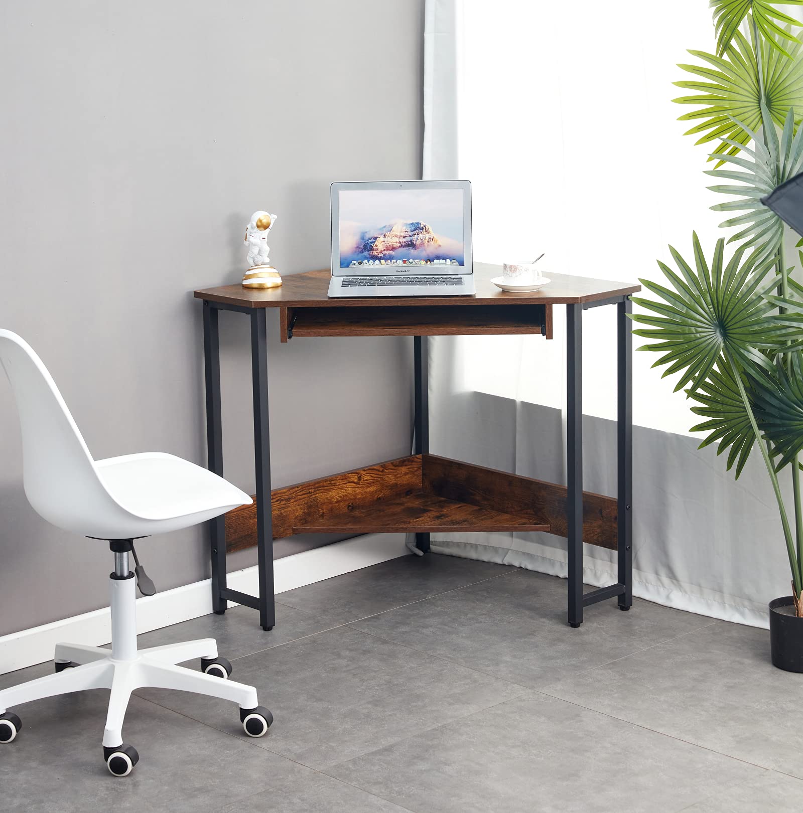 Modern Brown Triangle Computer Desk with Smooth Keyboard Tray & Storage Shelves - Wooden Home Office Writing Desk for Notebooks | Perfect for Small Spaces, Apartments & Home Offices - Study, Work & Gaming Setup